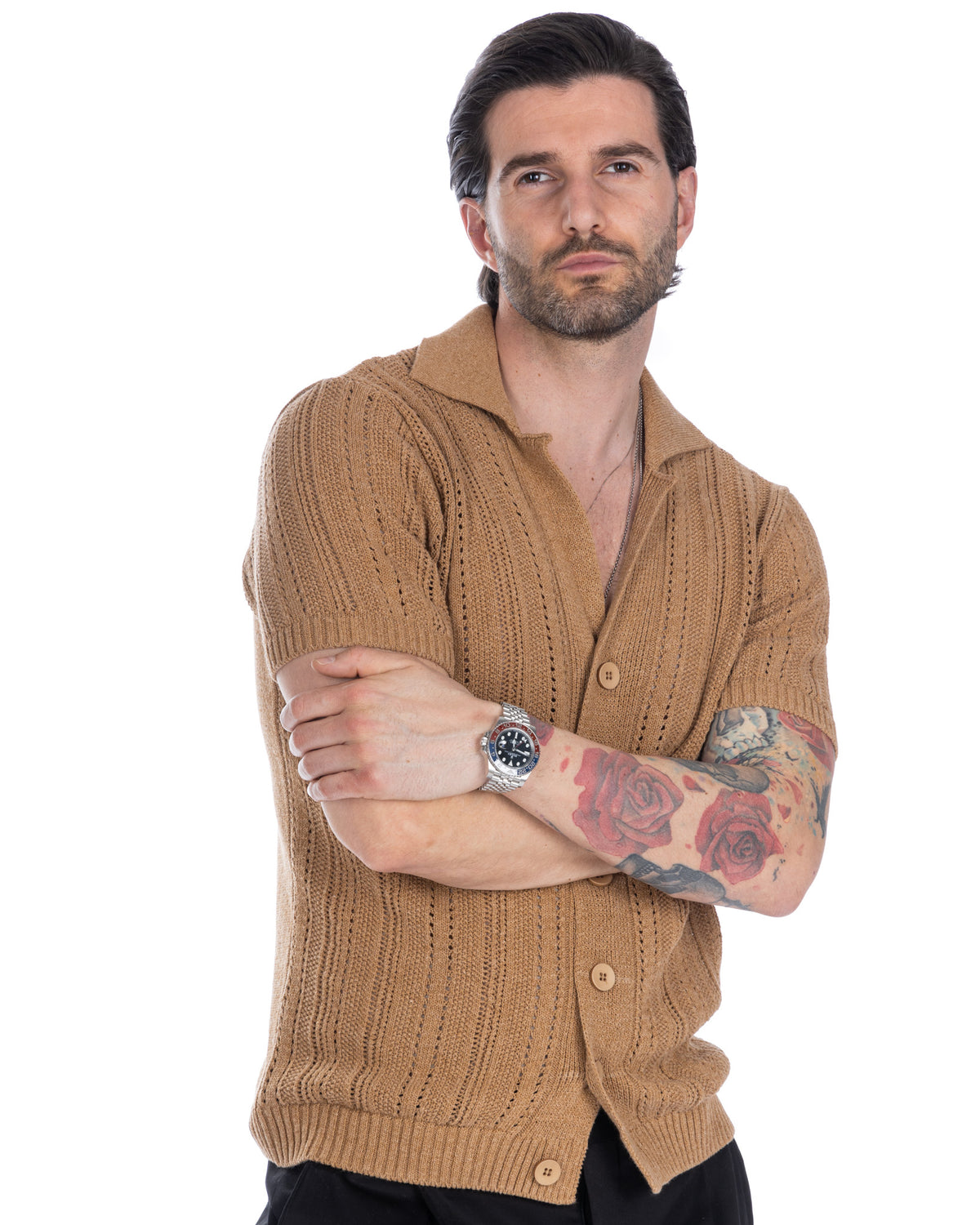 Tan short sleeve cable knit cardigan with button front, collar, and ribbed trim. Men's cotton blend sweater.