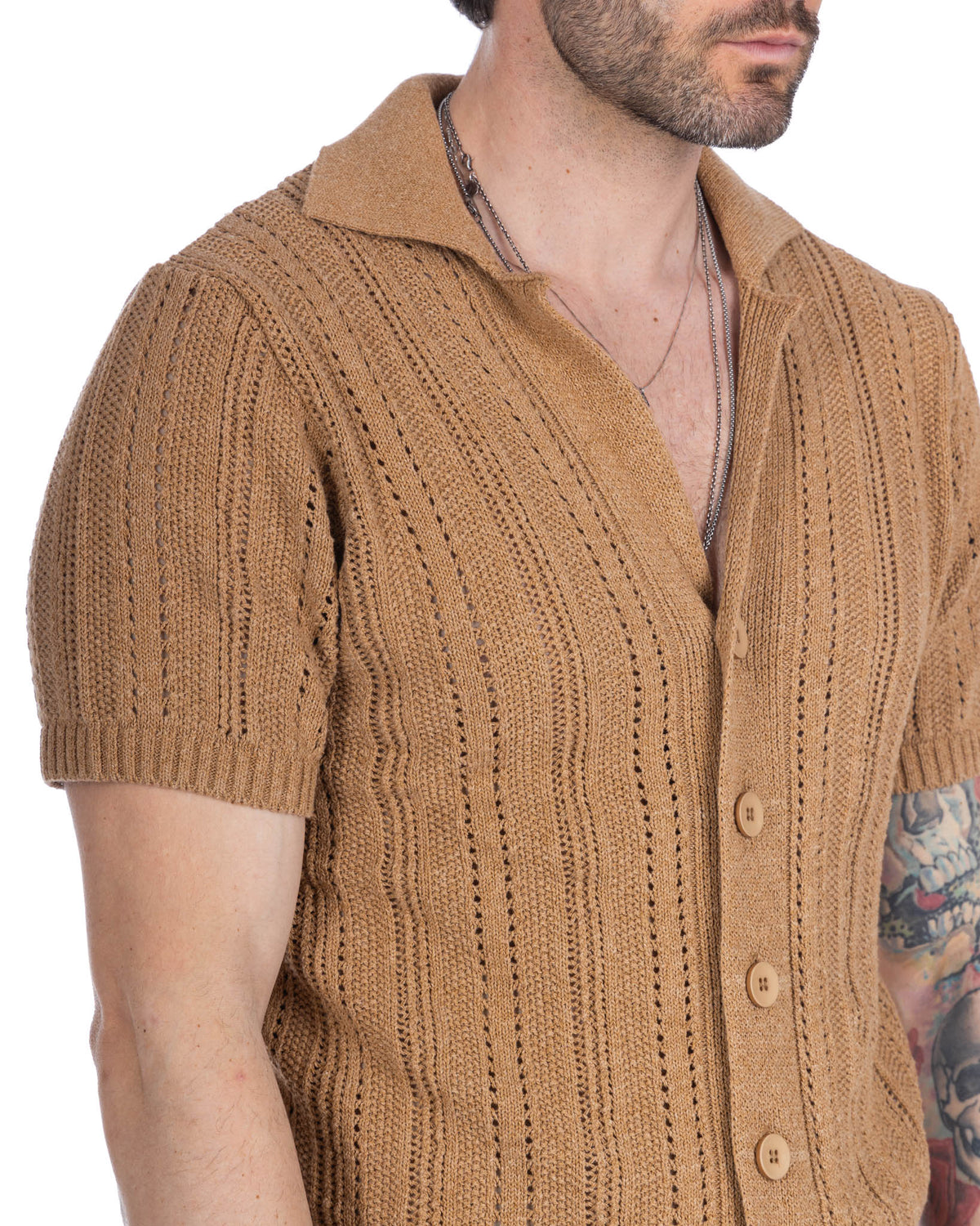 Tan short sleeve knit cardigan with openwork pattern, wooden buttons, and polo collar. Lightweight summer sweater.
