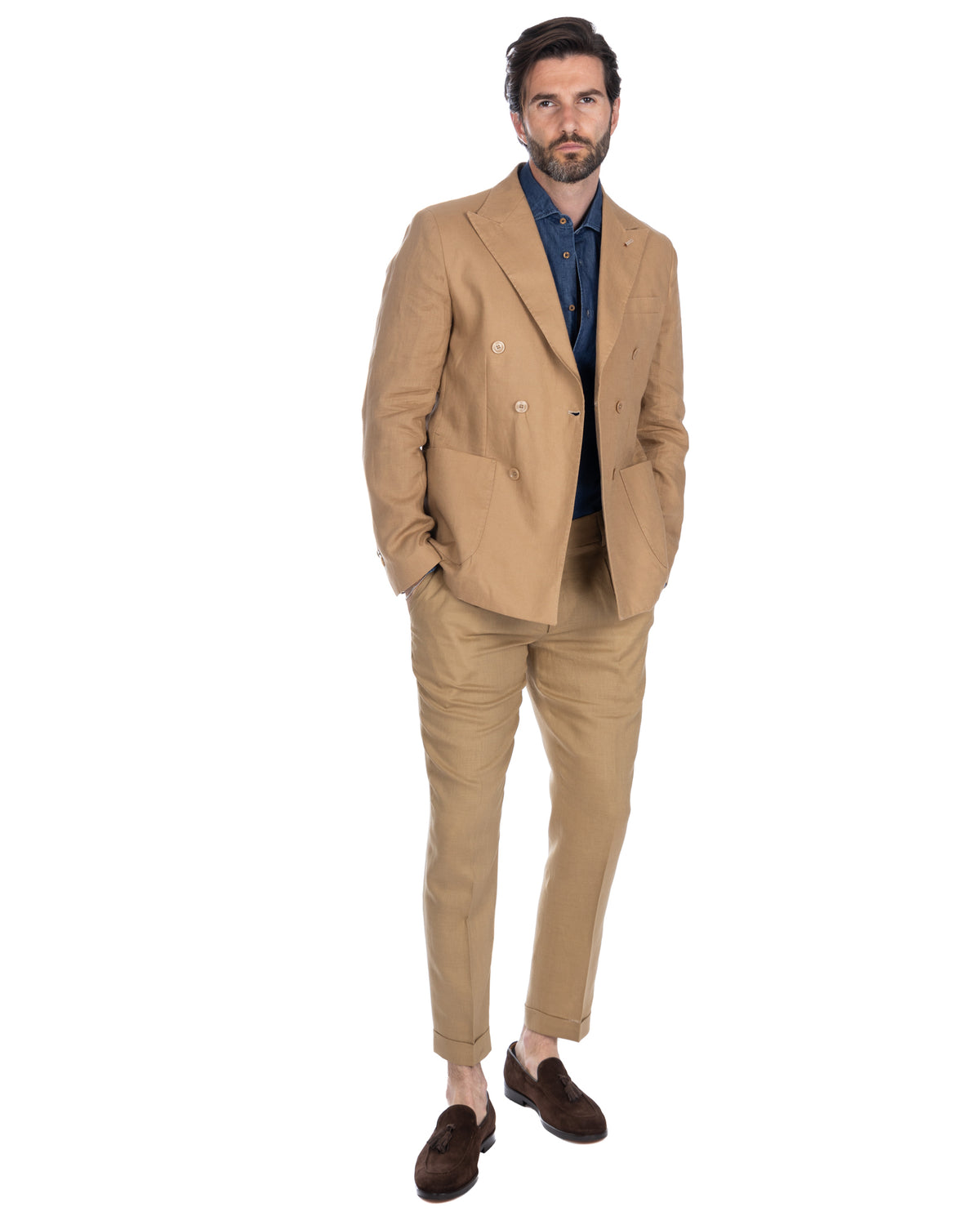 Tan linen double-breasted suit with blue shirt and brown suede loafers, smart casual menswear style