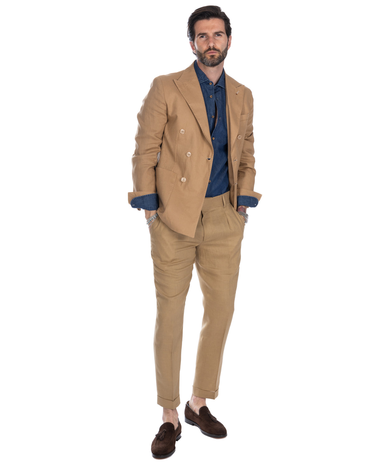 Tan linen double-breasted suit with blue denim shirt and brown suede loafers, men's summer formal wear