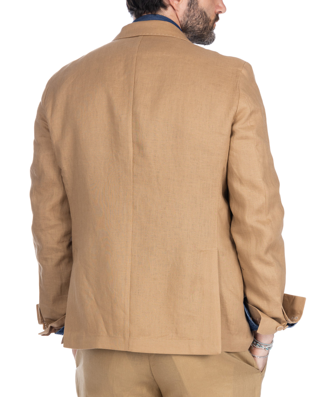 Tan linen suit jacket, back view. Lightweight beige blazer with center vent, tailored fit for men's formal wear.