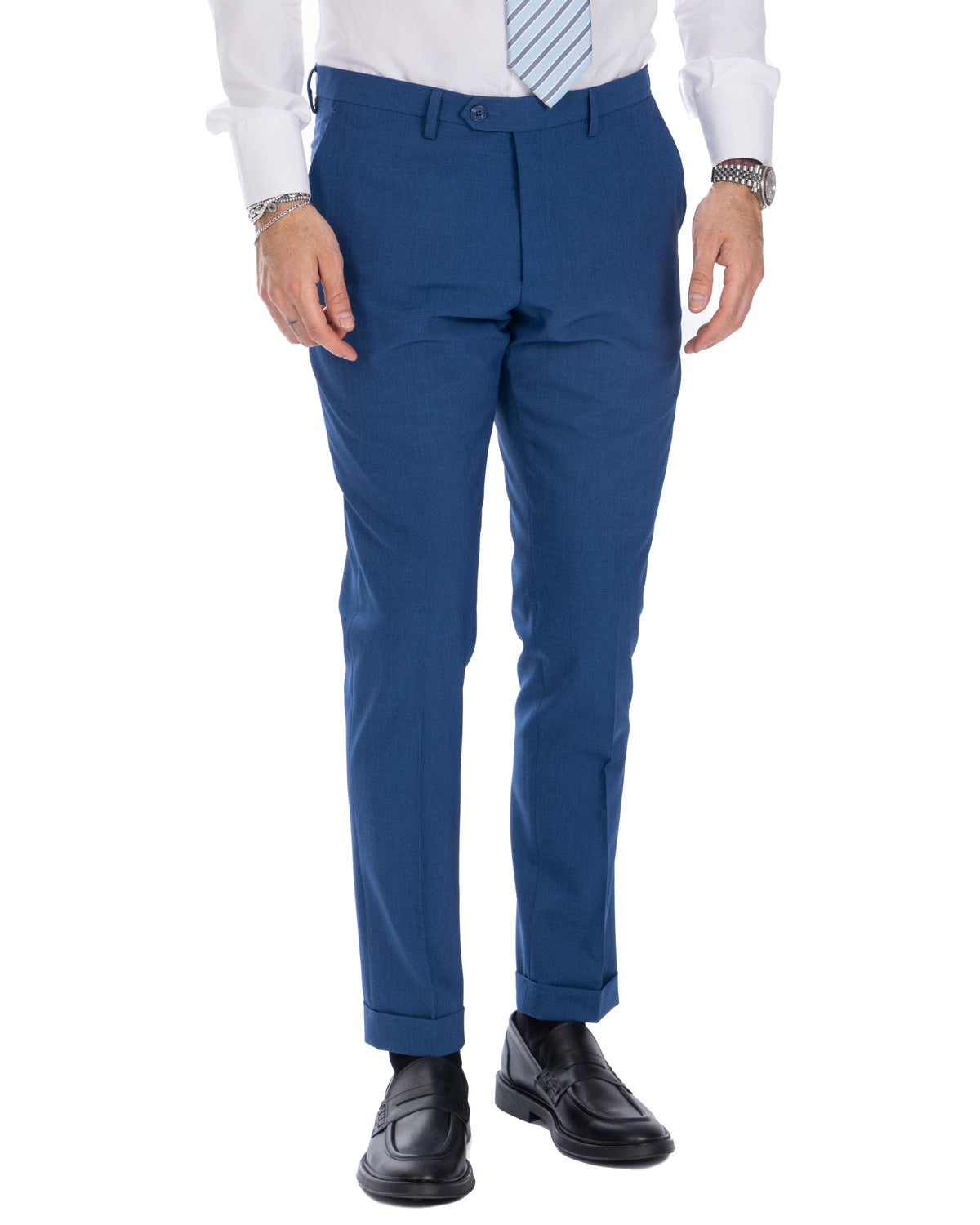 Royal blue slim-fit wool dress pants with cuffed hems, tailored for formal business wear.