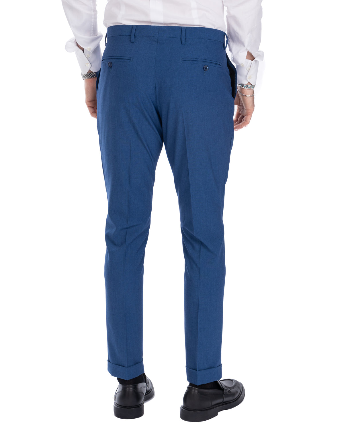 Men's slim fit blue dress pants, tailored wool blend suit trousers with back pockets and cuffed hems