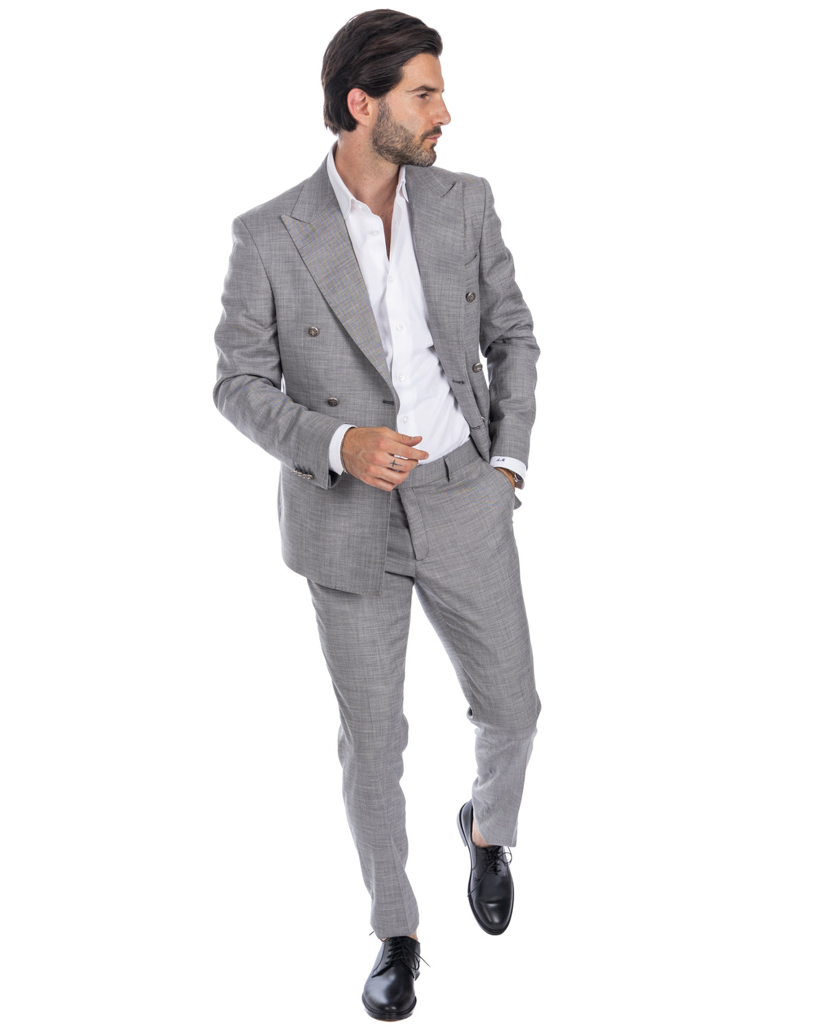 Light gray double-breasted wool suit with white dress shirt and black leather oxfords, slim fit formal menswear.