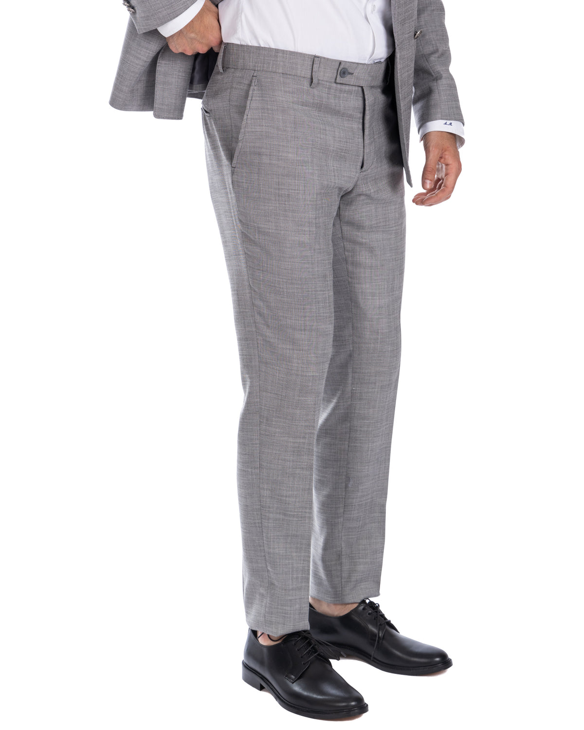 Men's light gray wool dress pants, tailored fit suit trousers with pleated front and button closure