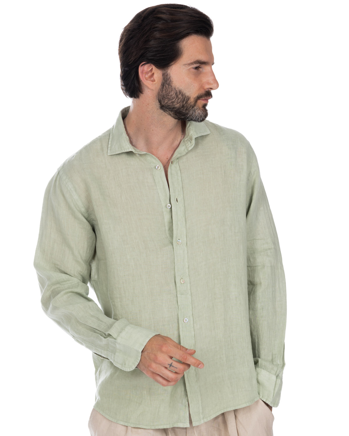 Men's light green linen long sleeve button-down shirt with relaxed fit and spread collar