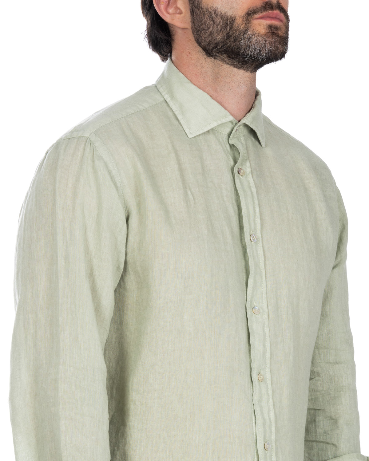 Light green linen button-down shirt for men, long sleeve, relaxed fit, natural fabric texture.