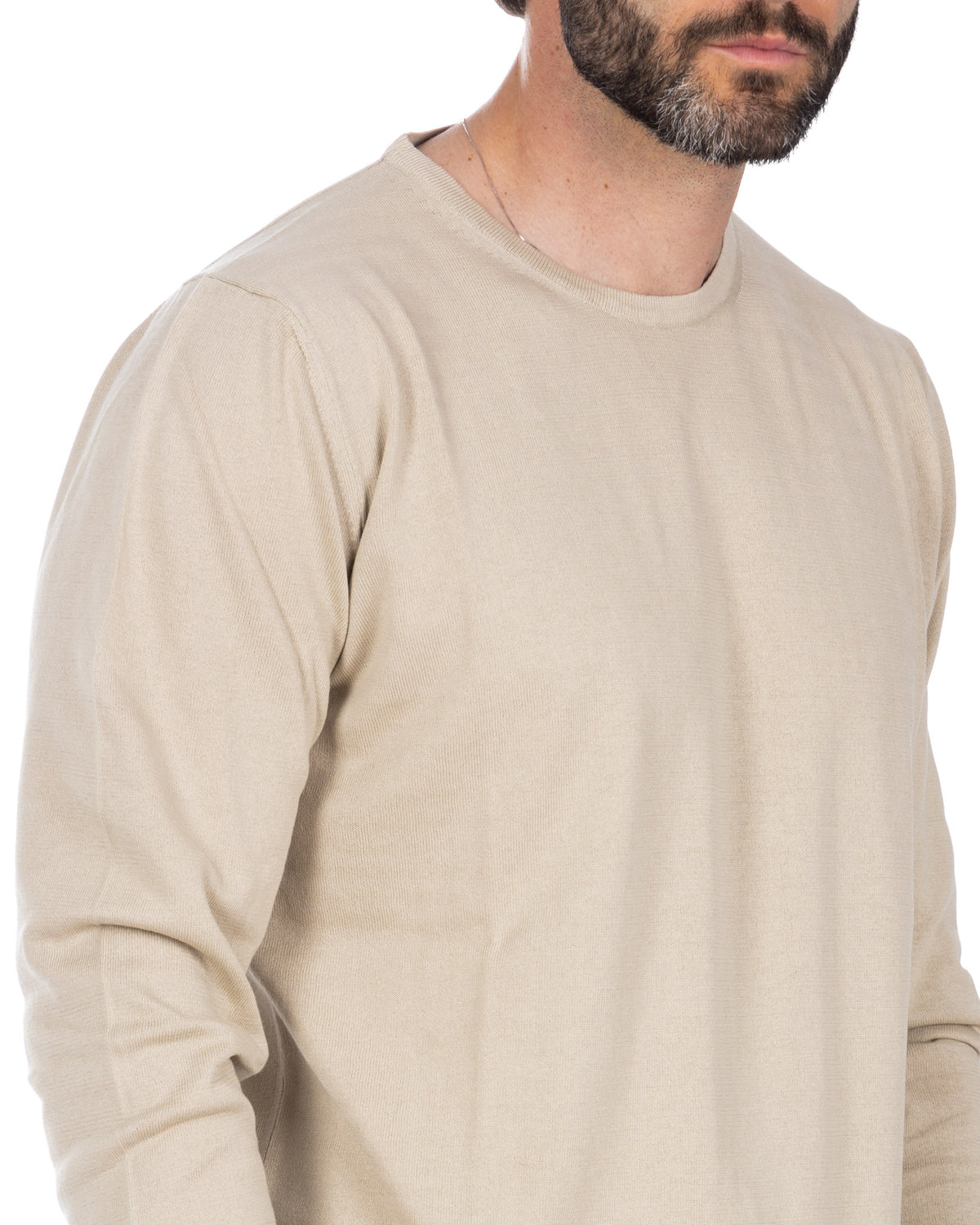 Men's beige crewneck long sleeve sweater in soft knit fabric, classic fit casual pullover style