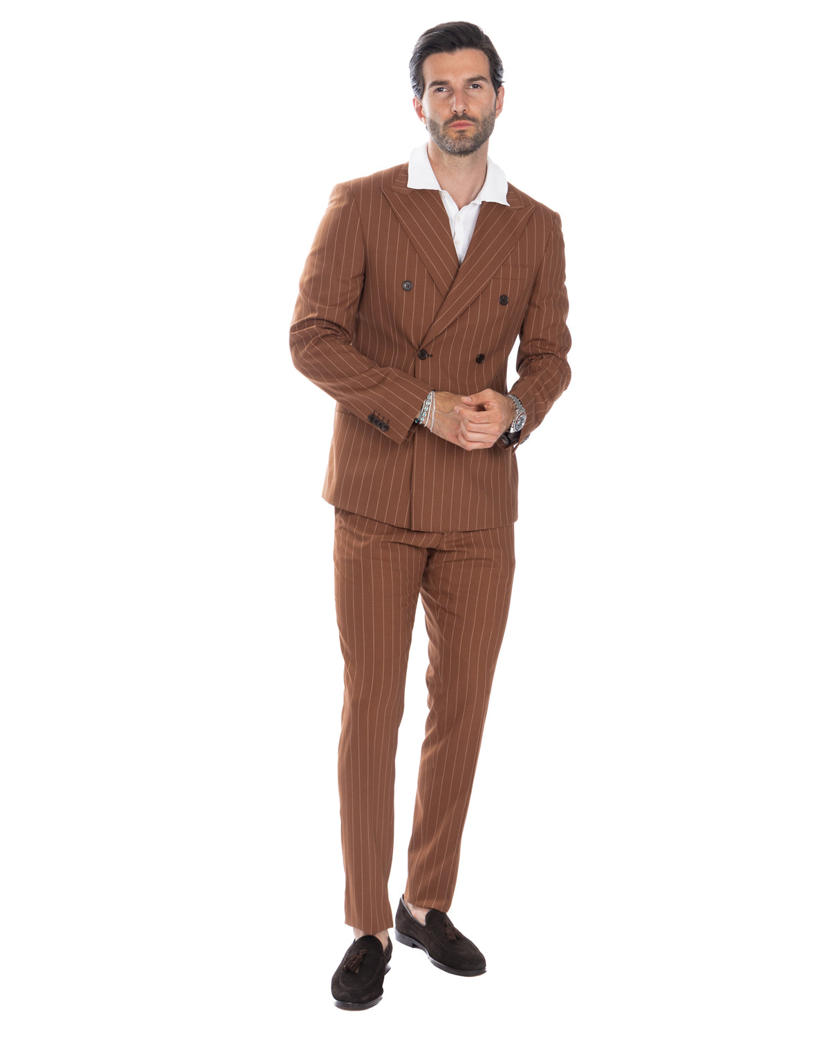 Men's brown pinstripe double-breasted wool suit with white dress shirt and black loafers, slim fit formal wear