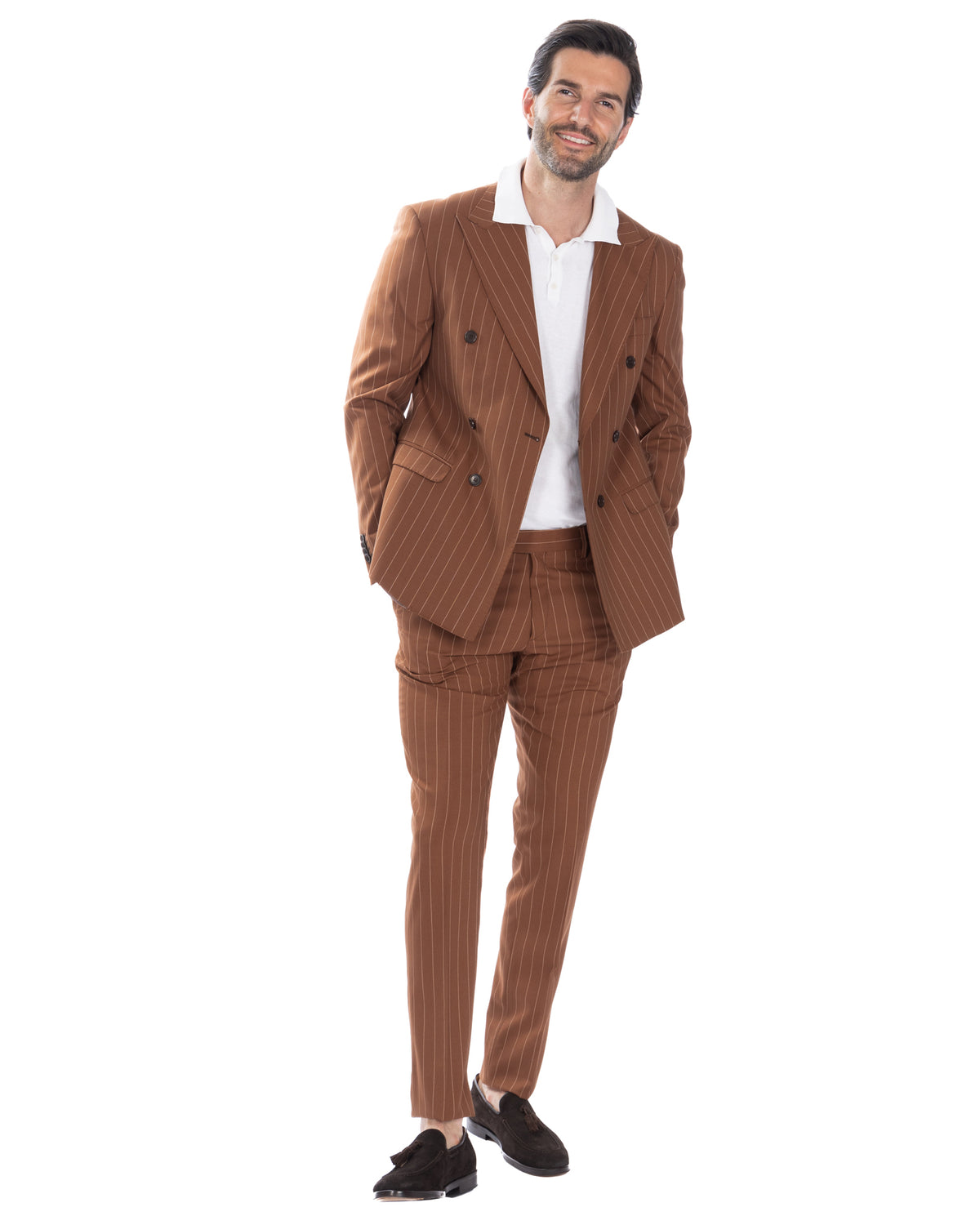 Men's brown pinstripe double-breasted suit with white polo shirt and black suede loafers, slim fit formal wear