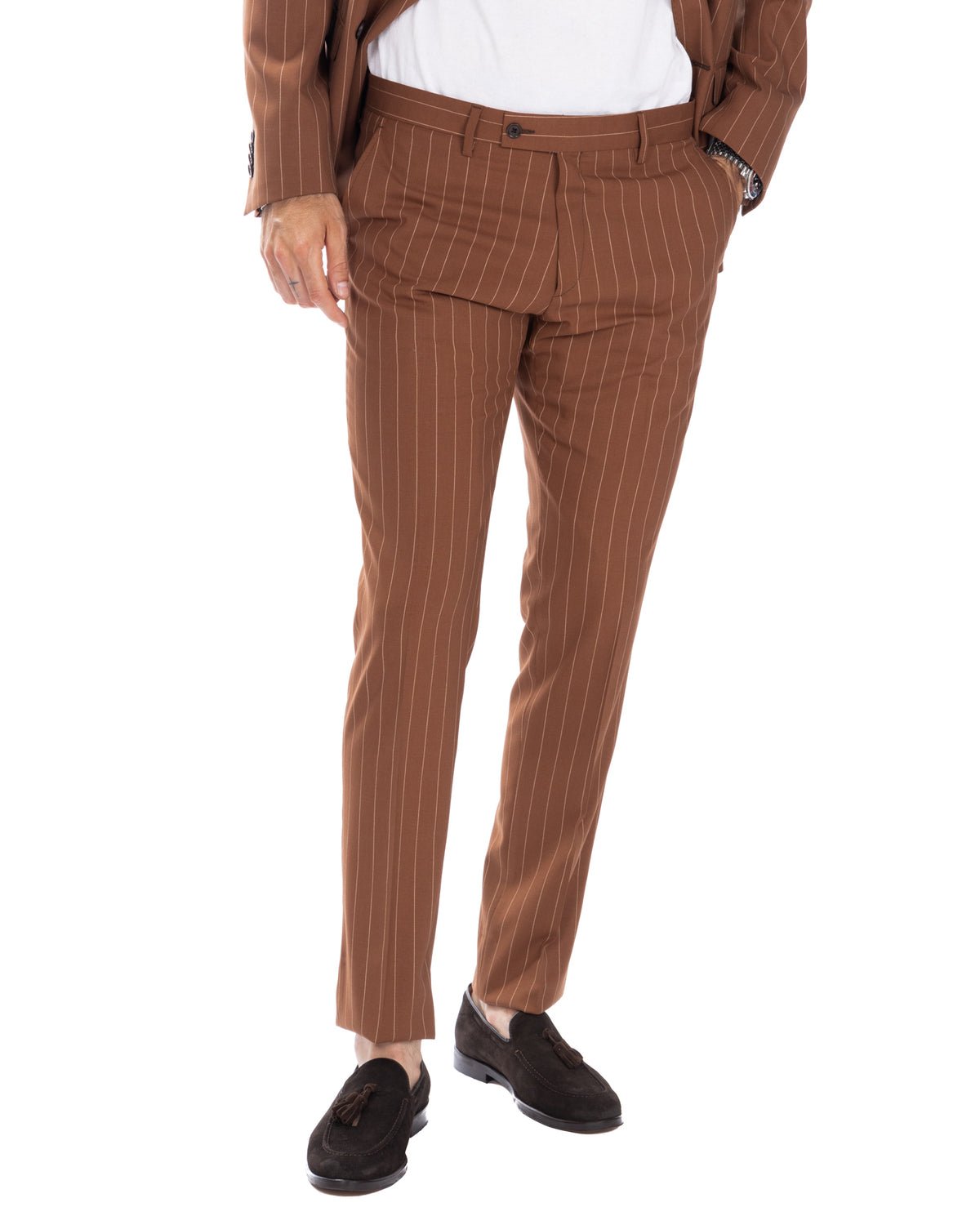 Men's brown pinstripe wool suit trousers, slim fit dress pants with button closure and side pockets