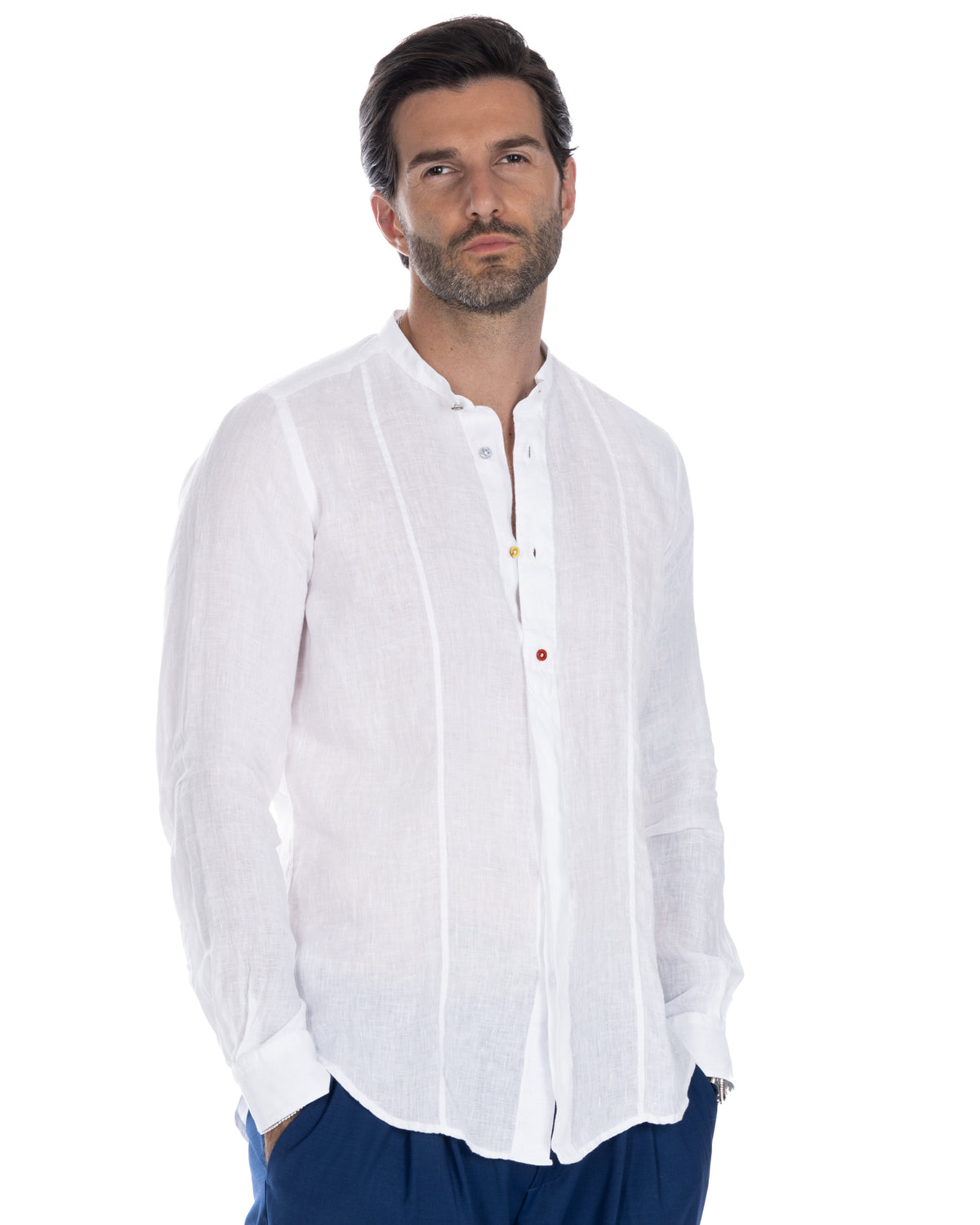 White linen long-sleeve shirt for men with mandarin collar, colorful buttons, and relaxed fit.