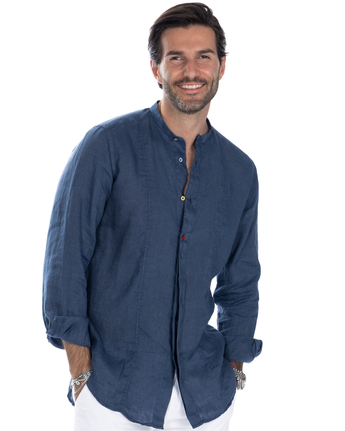 Navy blue linen men's long sleeve shirt with mandarin collar, colorful buttons, and relaxed fit.
