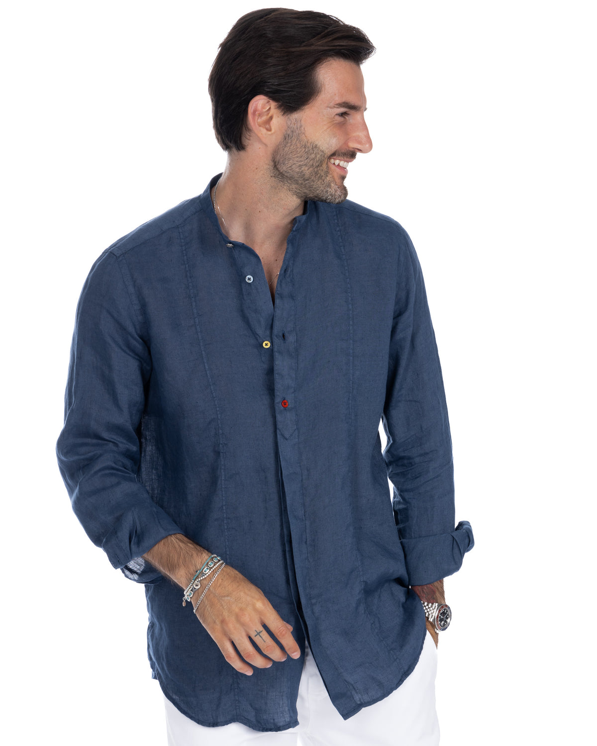 Navy blue linen button-up shirt for men, long sleeve with colorful buttons, relaxed fit casual style