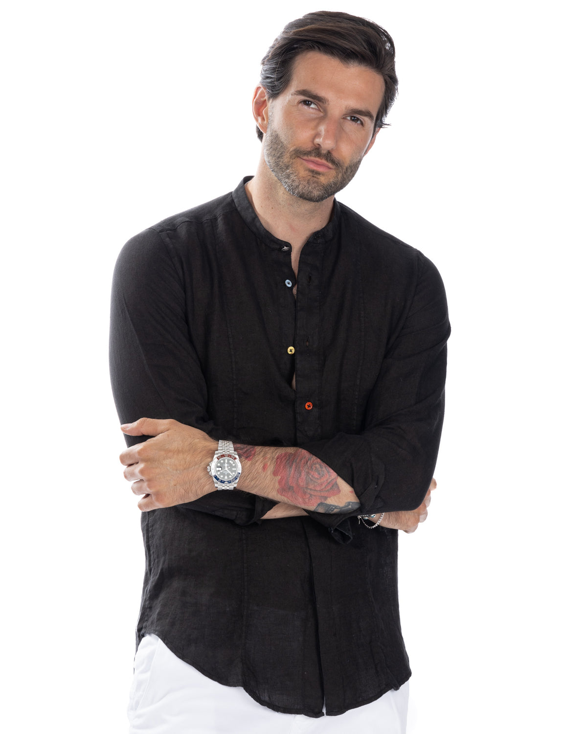 Men's black linen long-sleeve shirt with colorful buttons, mandarin collar, and curved hem. Casual summer style.