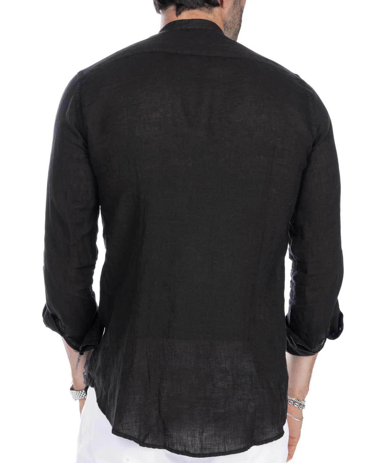 Black linen long-sleeve shirt for men, relaxed fit, back view, casual button-up style