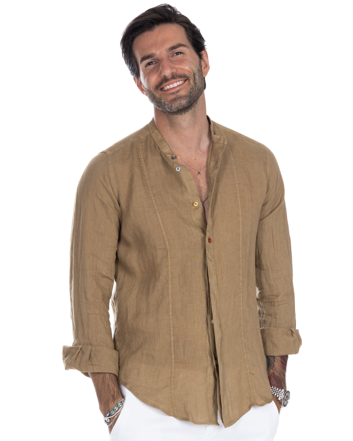 Men's tan linen long-sleeve shirt with mandarin collar, relaxed fit, and rolled cuffs. Casual summer style.