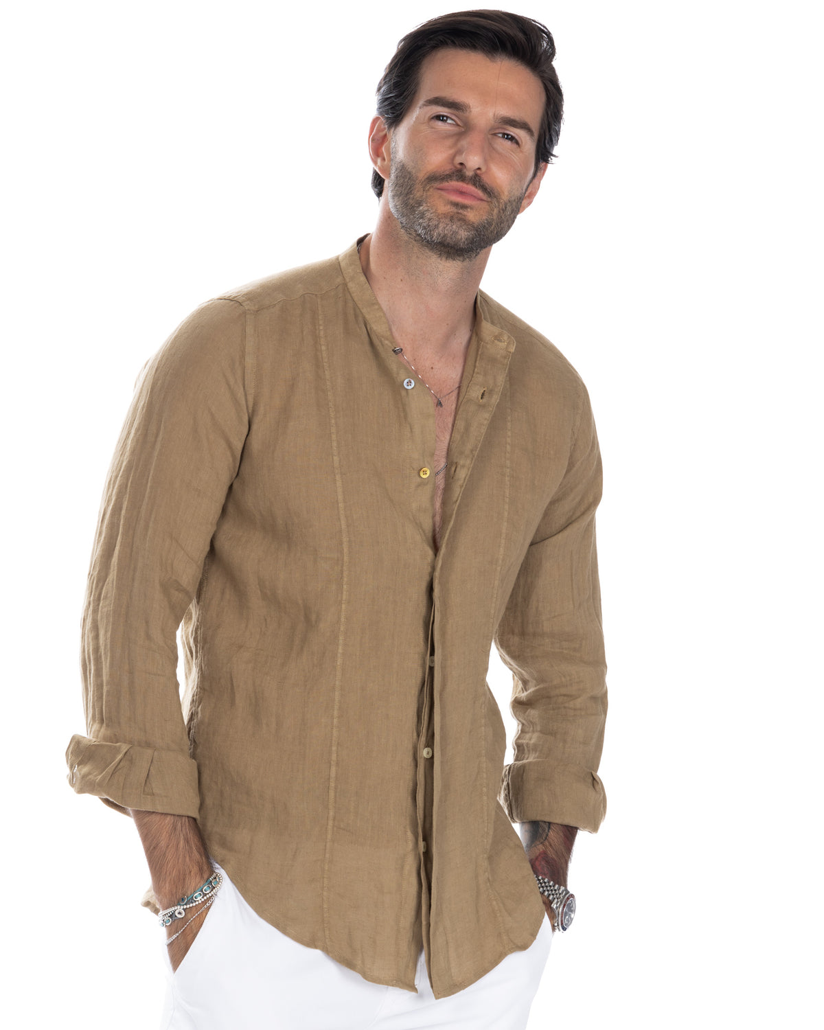 Men's tan linen long-sleeve button-up shirt with mandarin collar, relaxed fit, and rolled cuffs.