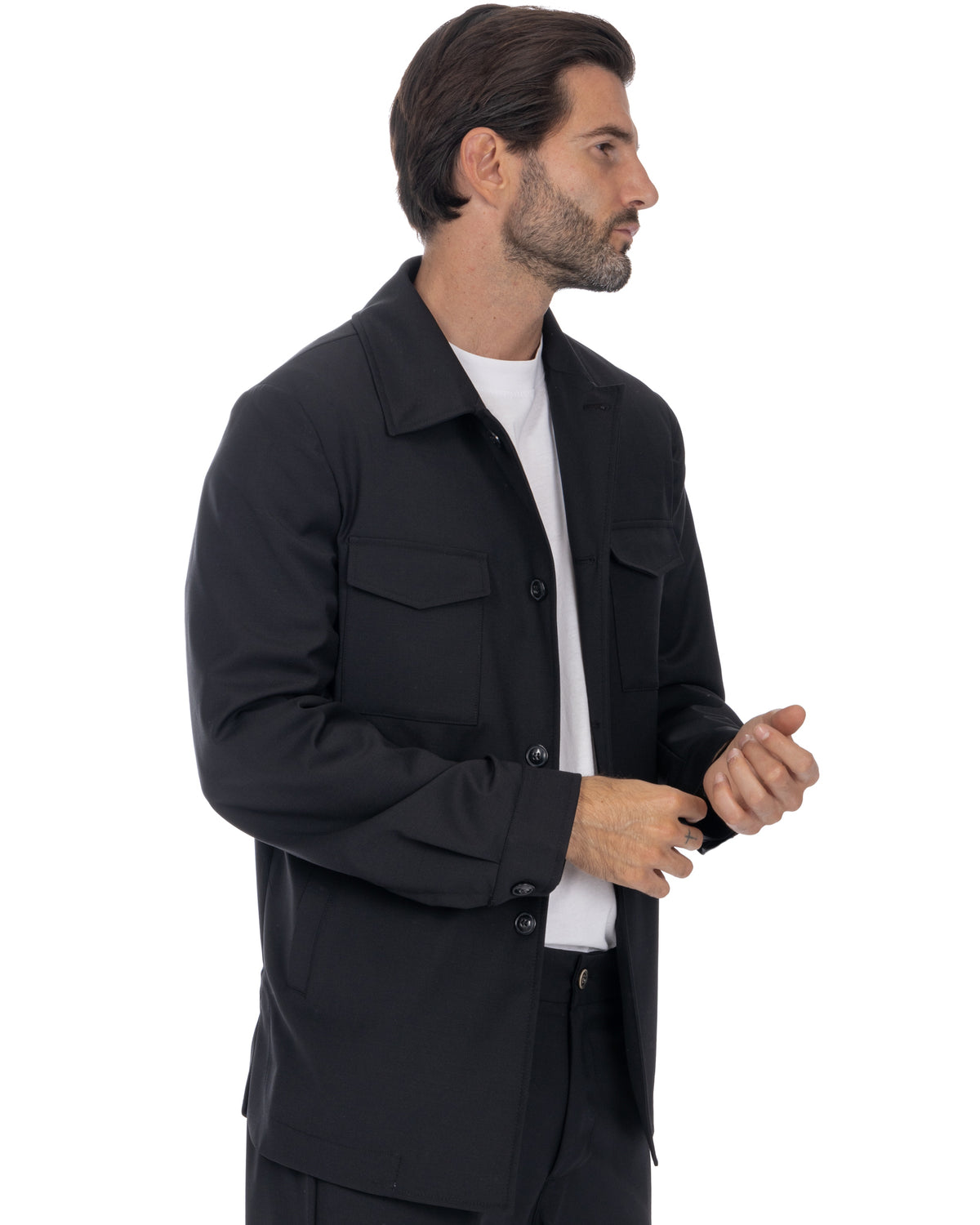 Black wool blend overshirt jacket for men, featuring button front, chest pockets, and shirt collar. Smart casual style.