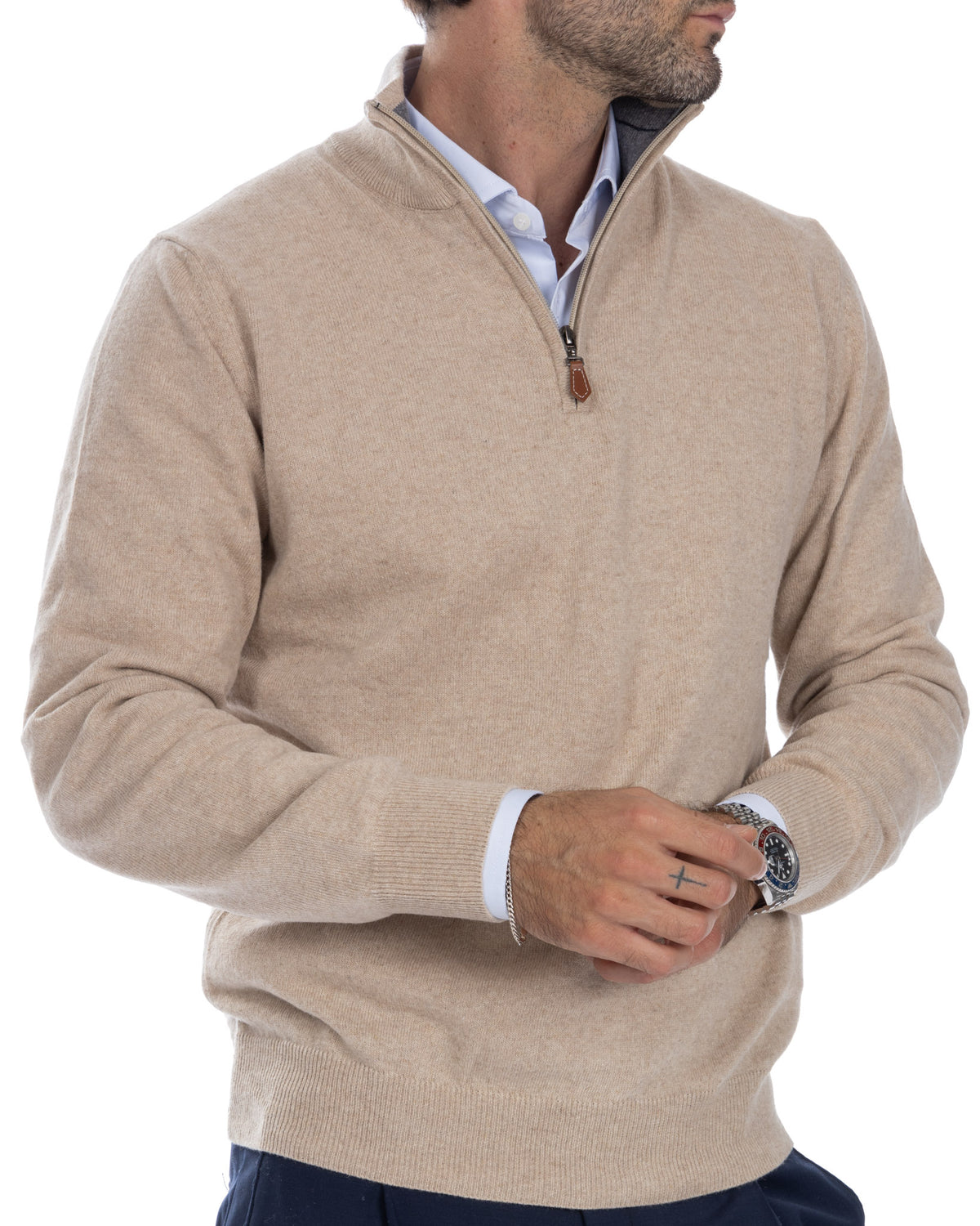 Men's beige cashmere quarter-zip sweater with leather pull tab, long sleeves, and ribbed trim.