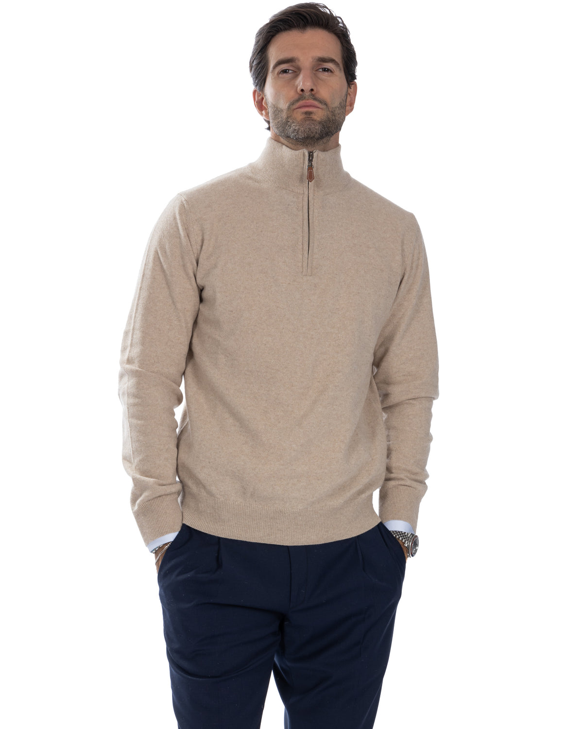 Men's beige cashmere quarter-zip sweater with mock neck, long sleeves, and ribbed trim.