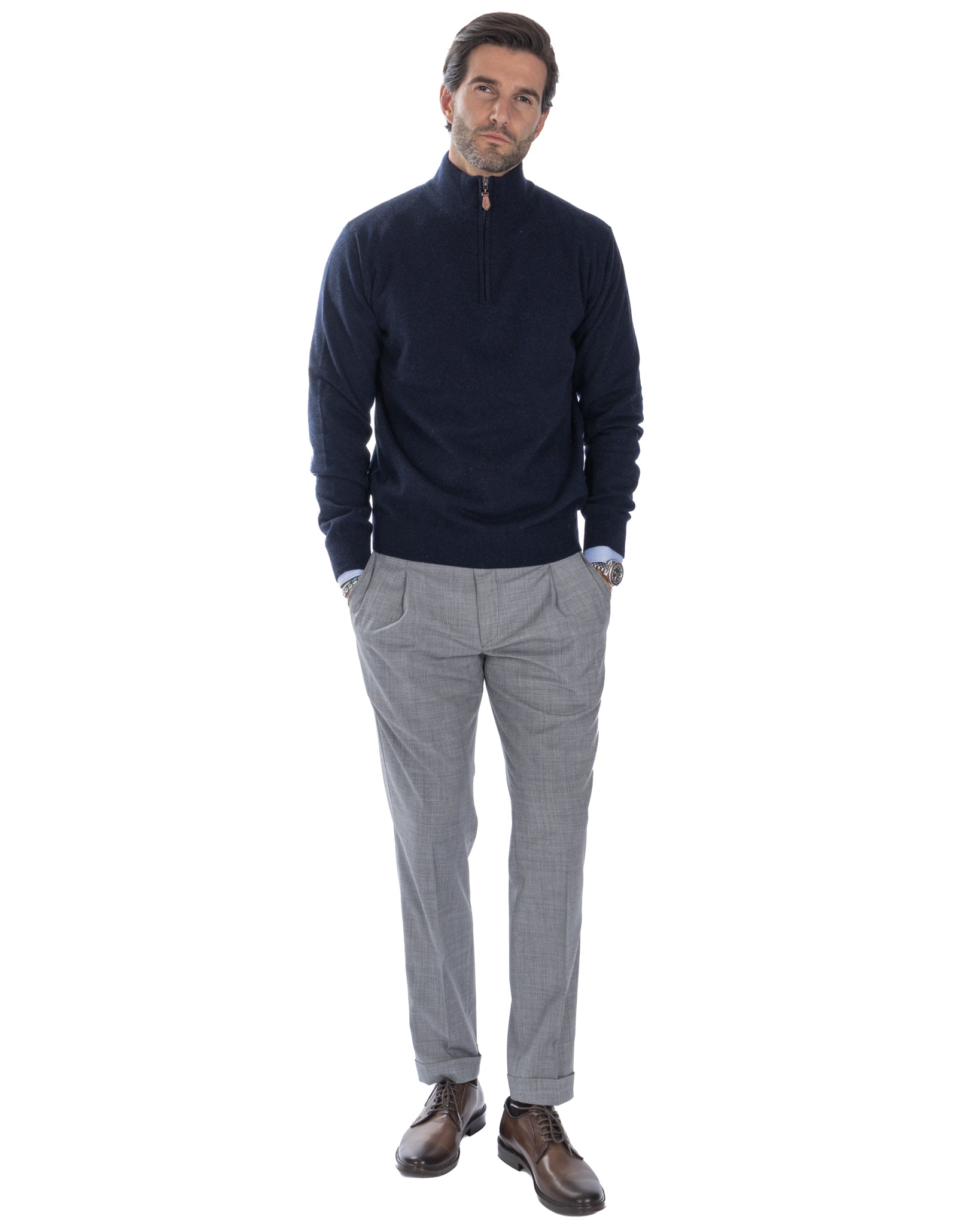 Lupetto con zip Rory in misto cachemire blu scuro