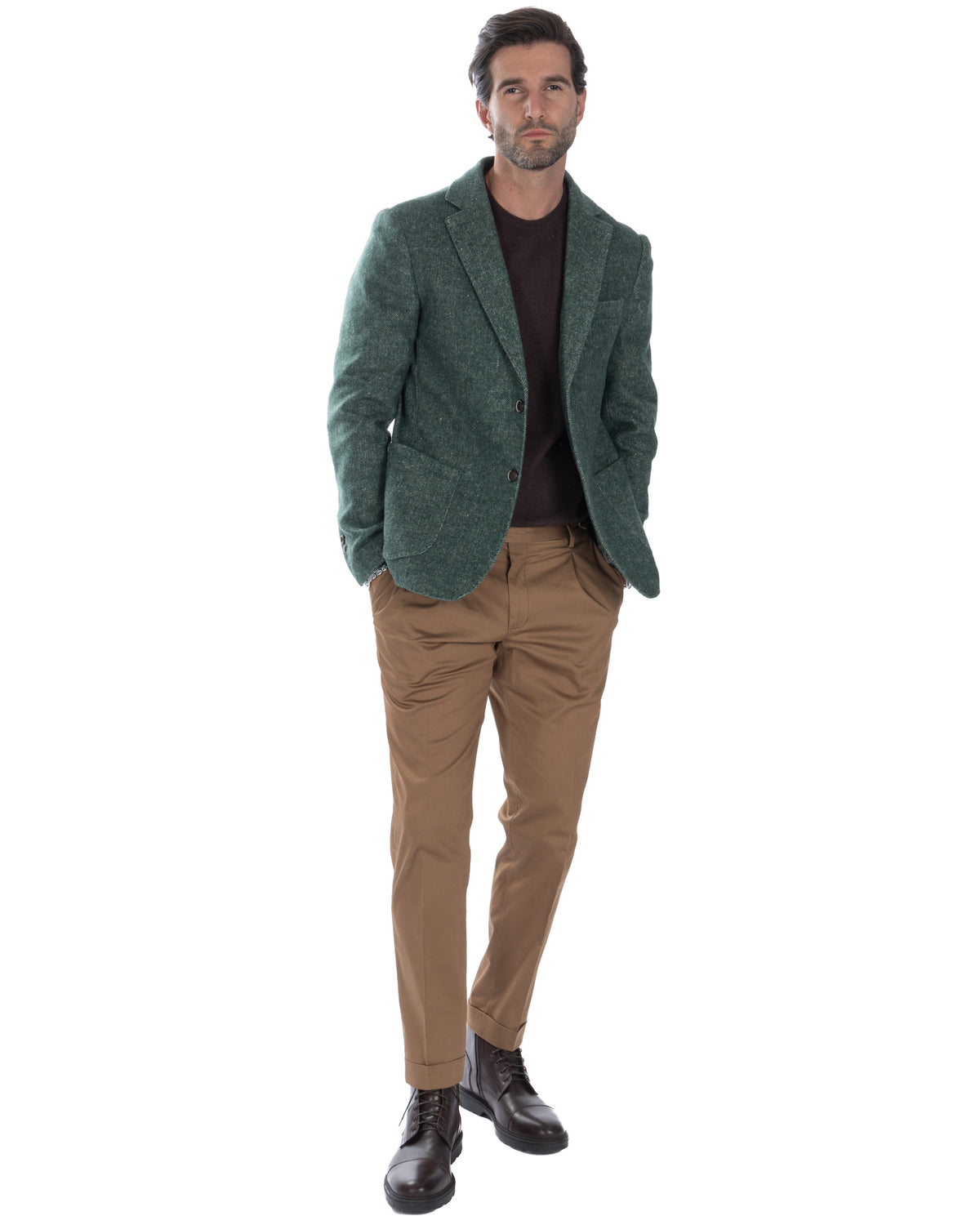 Green wool blazer with brown chinos and leather boots, men's smart casual outfit