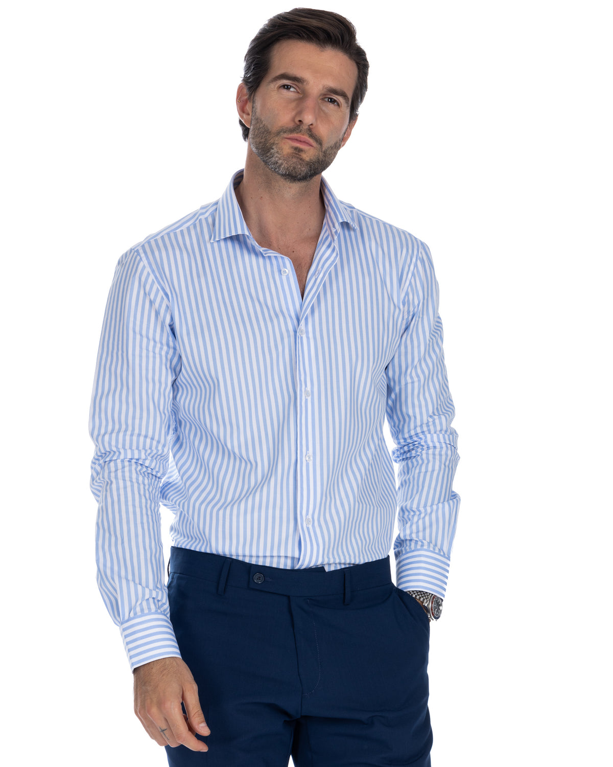 Men's light blue and white striped cotton dress shirt with button-down collar, long sleeves, and tailored fit.