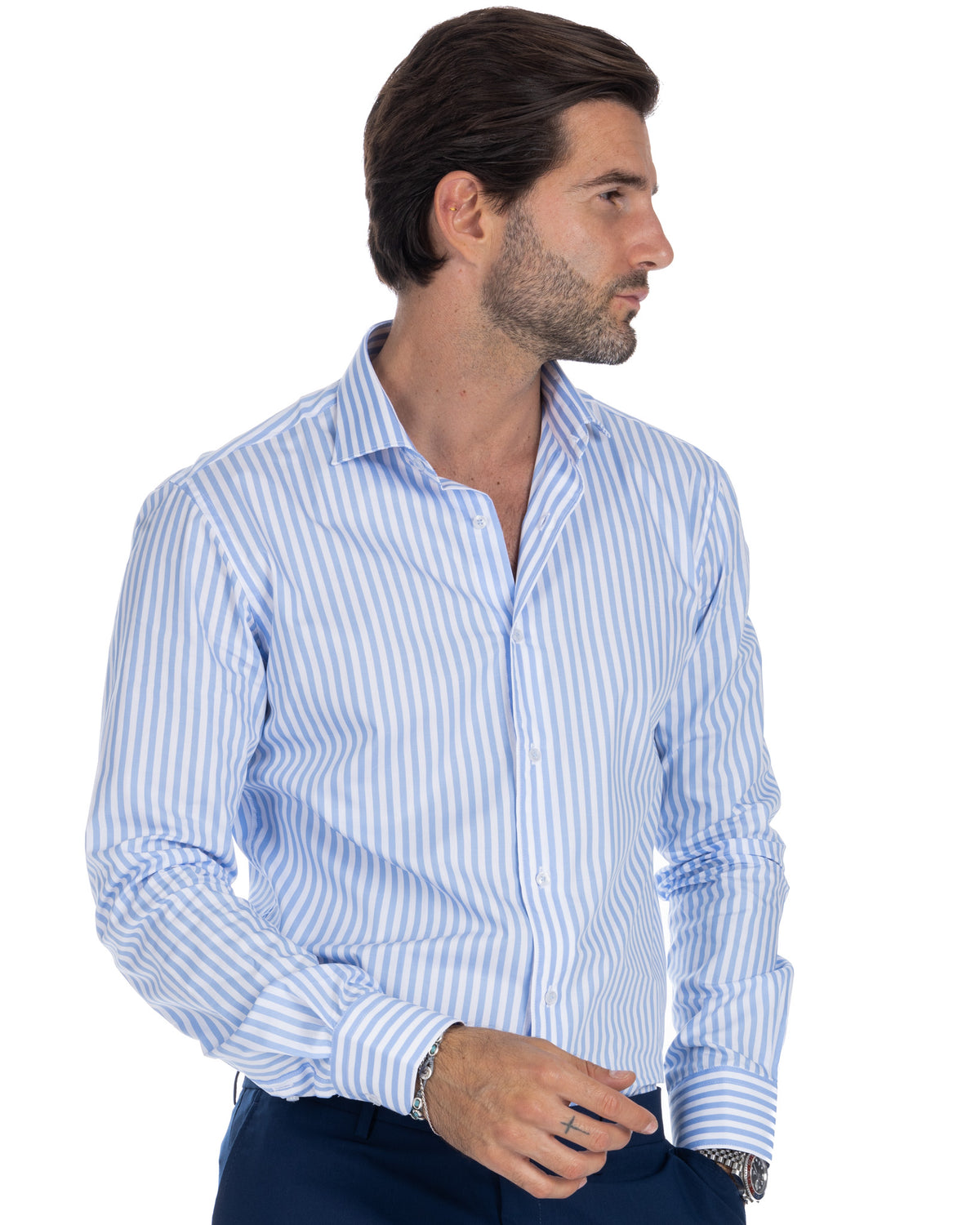Men's slim fit blue and white striped cotton dress shirt, long sleeve button-down with spread collar