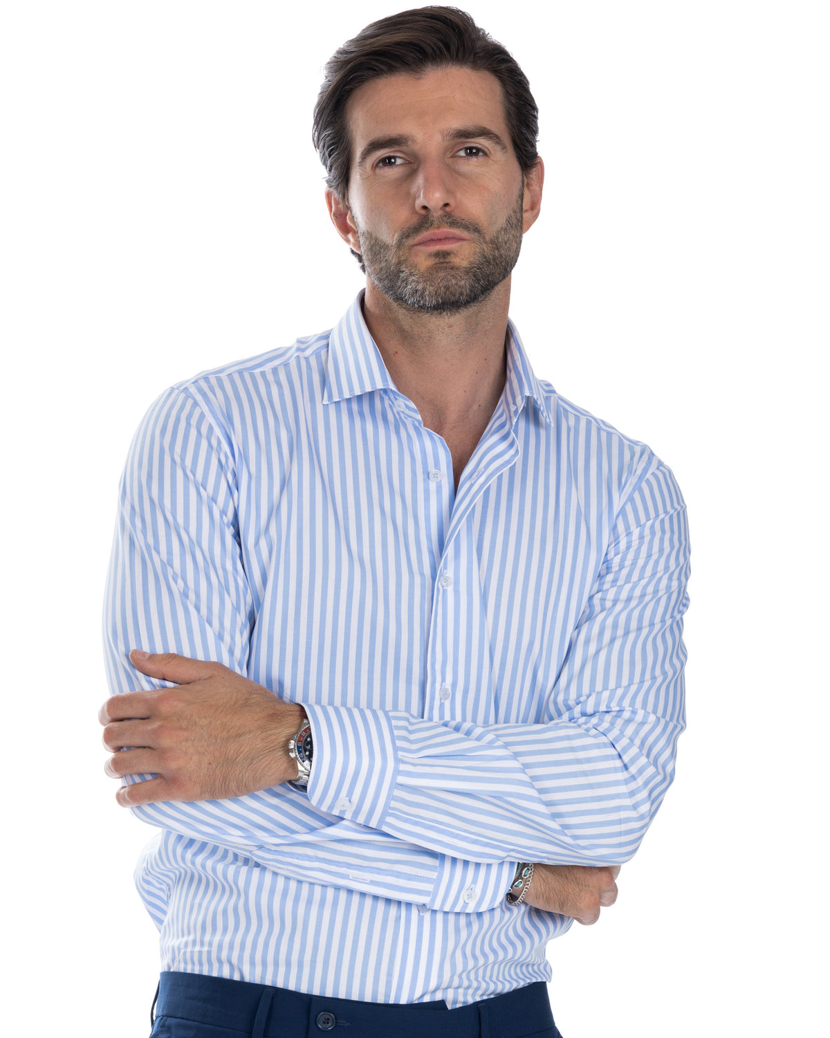 Men's light blue and white striped cotton dress shirt, long sleeve, button-down collar, tailored fit