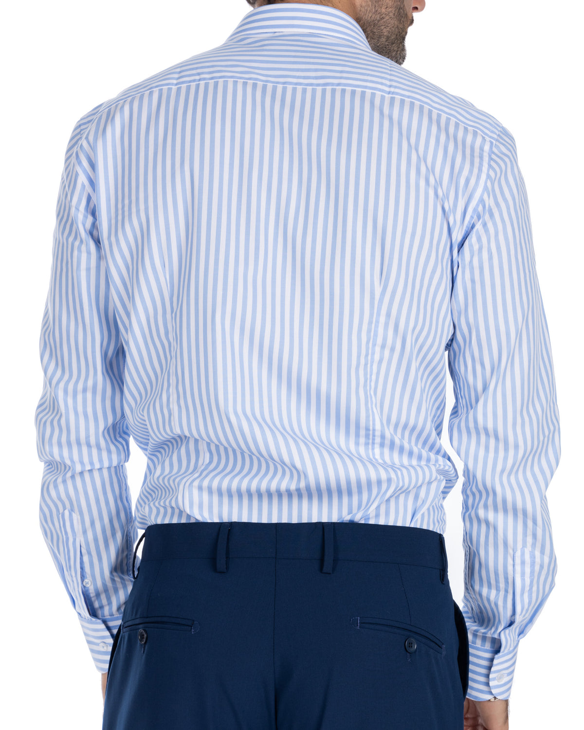 Men's blue and white striped cotton dress shirt, long sleeve, button-down back view with navy trousers