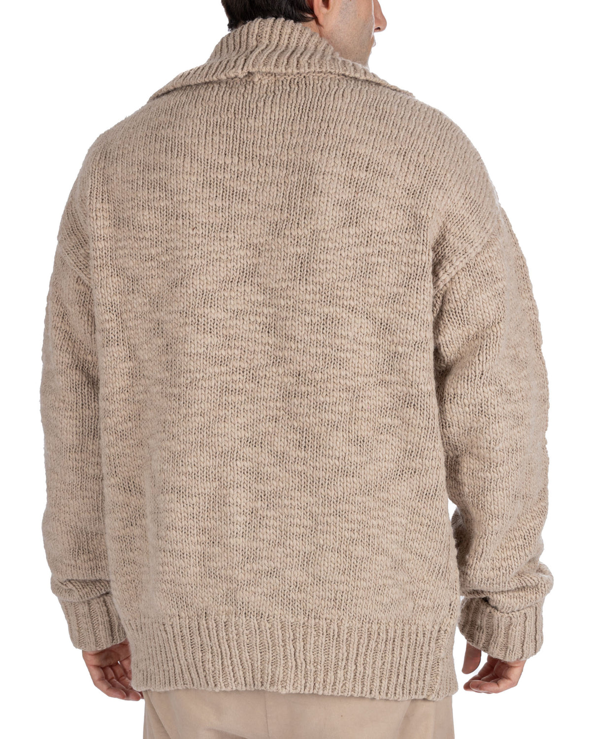 Beige chunky knit shawl collar cardigan sweater, ribbed cuffs and hem, cozy wool blend texture, men's relaxed fit