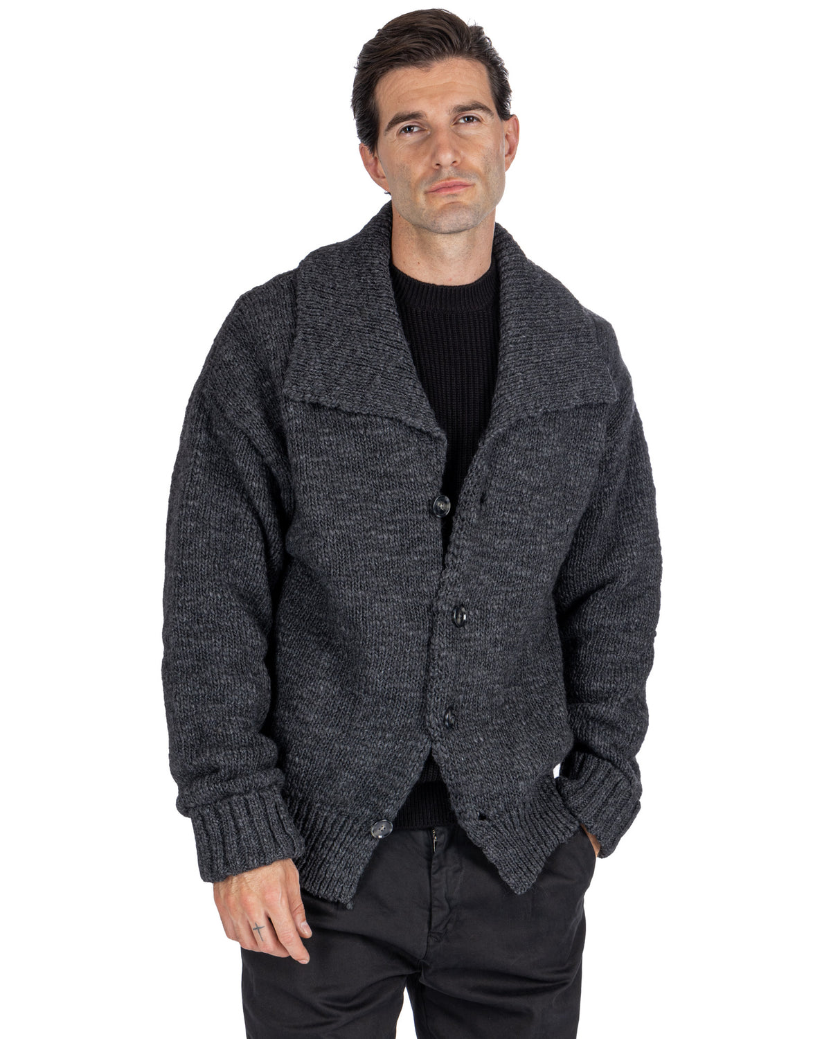 Charcoal gray wool knit cardigan with shawl collar, button front, and ribbed cuffs. Men's chunky knit sweater jacket.