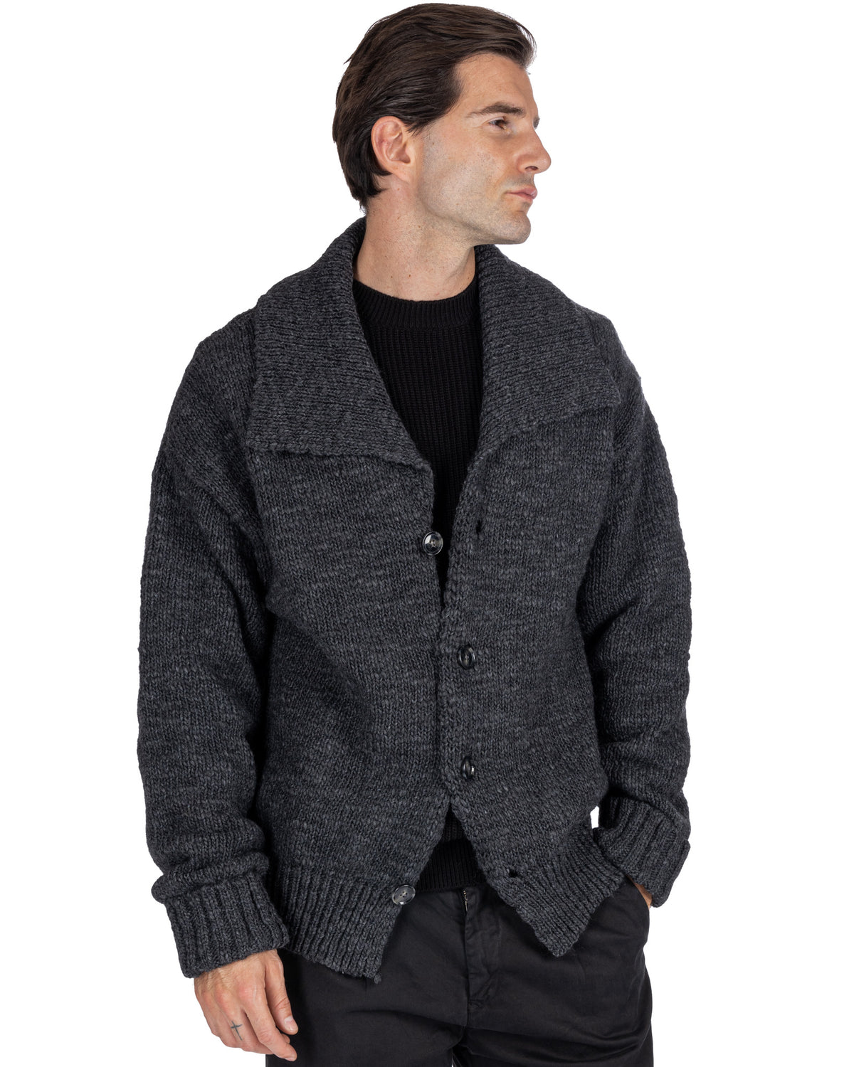 Dark gray wool knit cardigan jacket with shawl collar, button front, and ribbed cuffs. Men's winter outerwear.