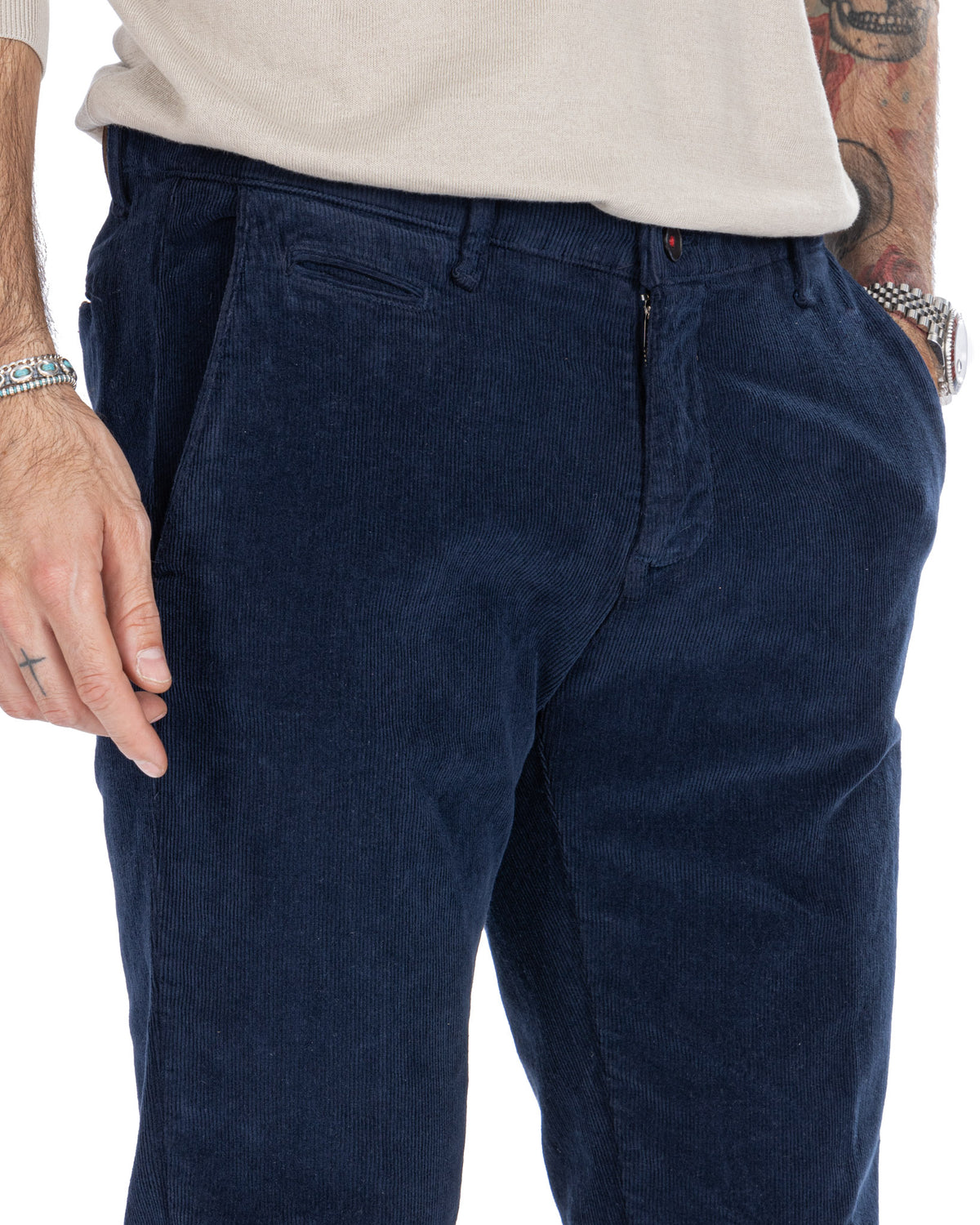 Navy blue corduroy men's slim fit trousers with zip fly and side pockets, casual style pants