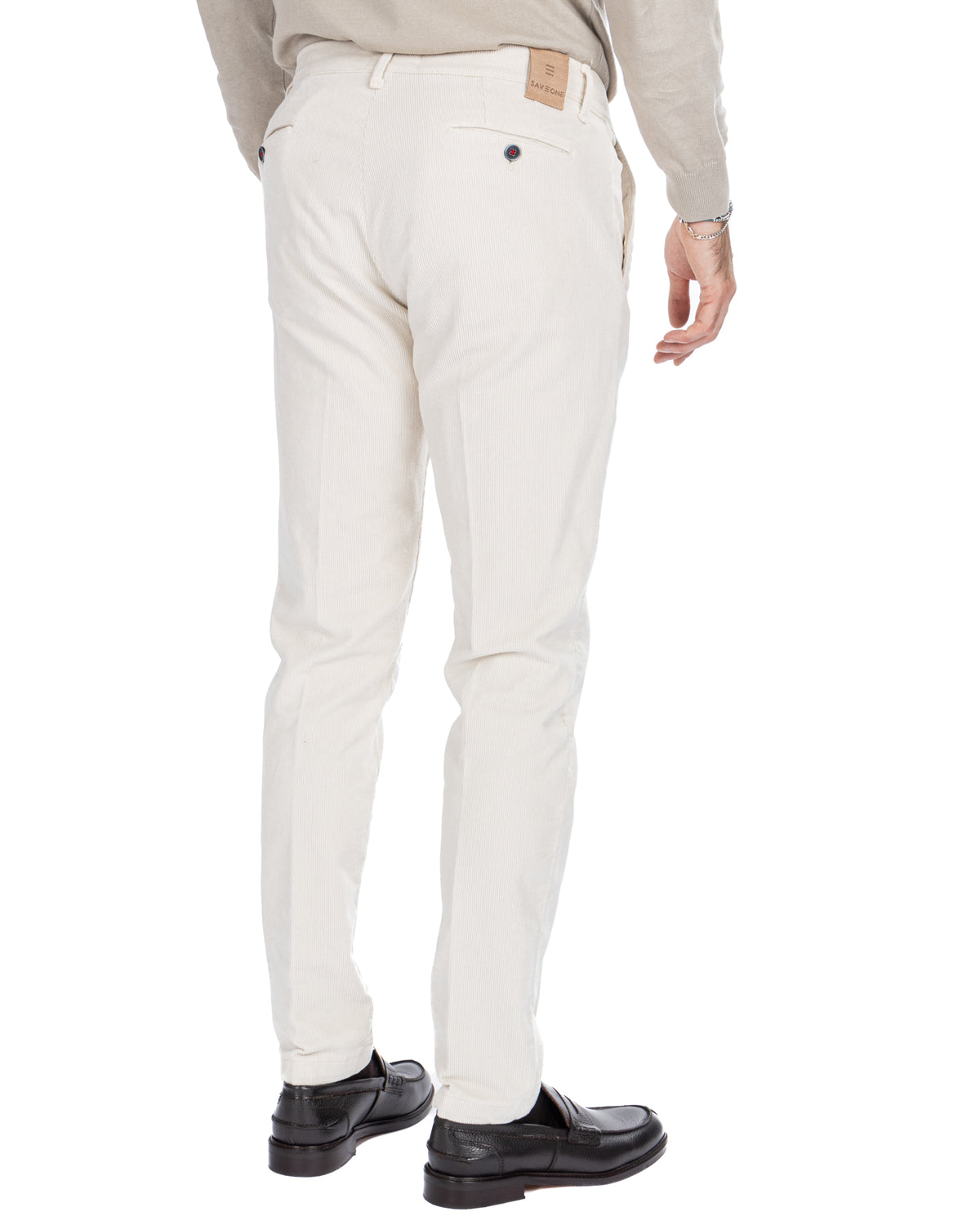 Men's white slim-fit corduroy trousers with back pockets, shown from the back view.