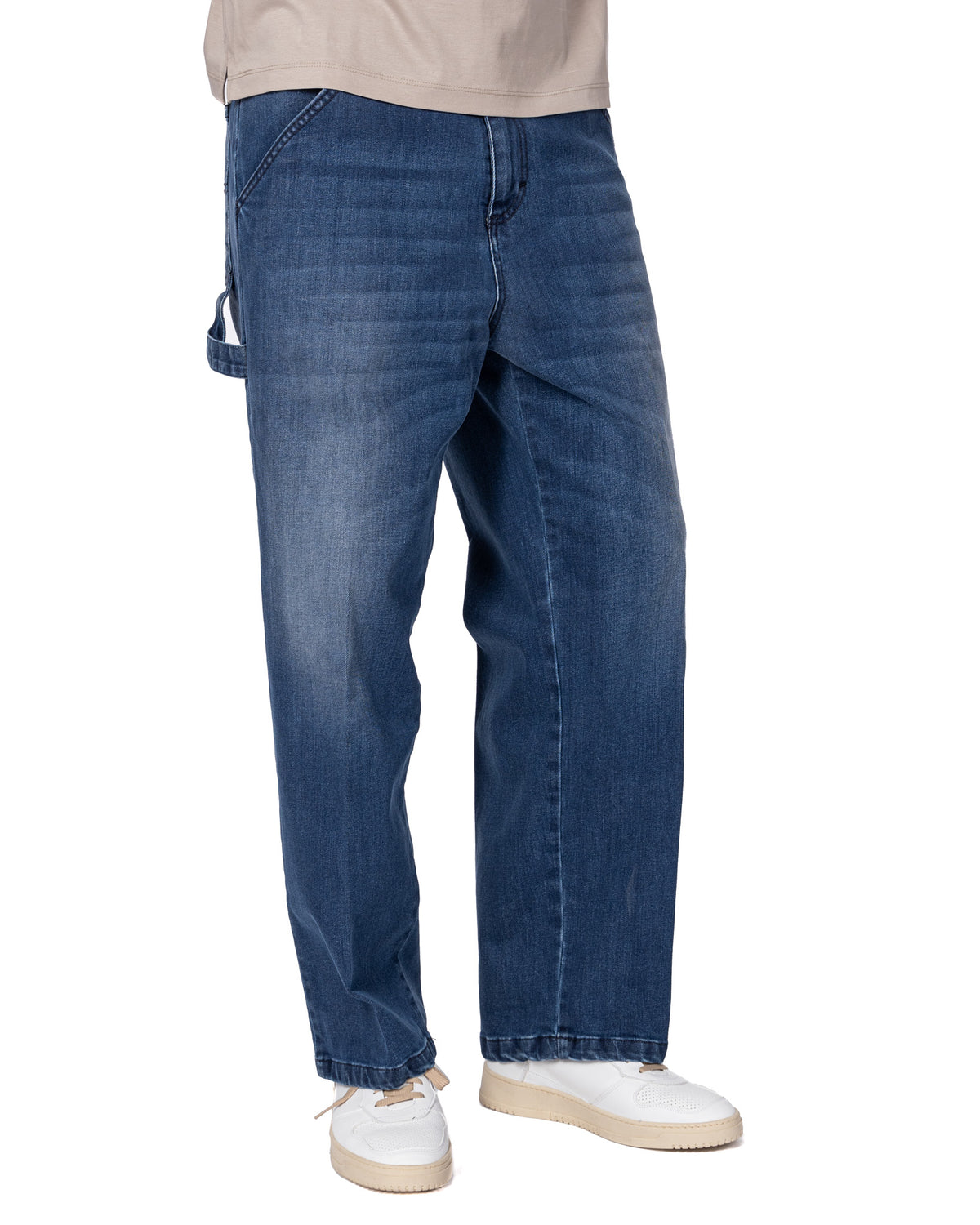 Men's dark blue denim carpenter jeans with straight leg fit, side tool pocket, and faded wash detail.