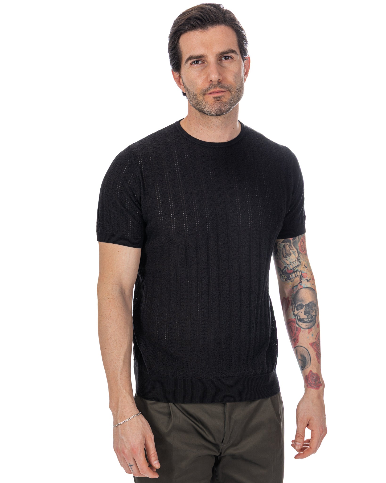 Nick - t-shirt a maglia traforata nera