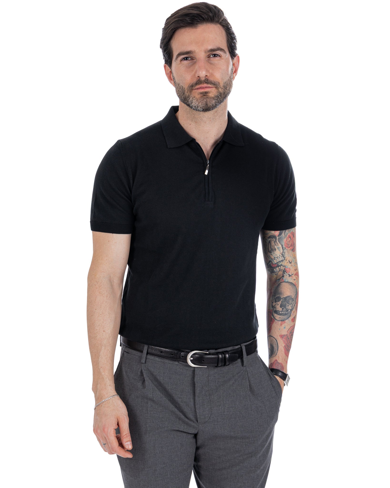 Sebastian - polo in maglia nera con cerniera