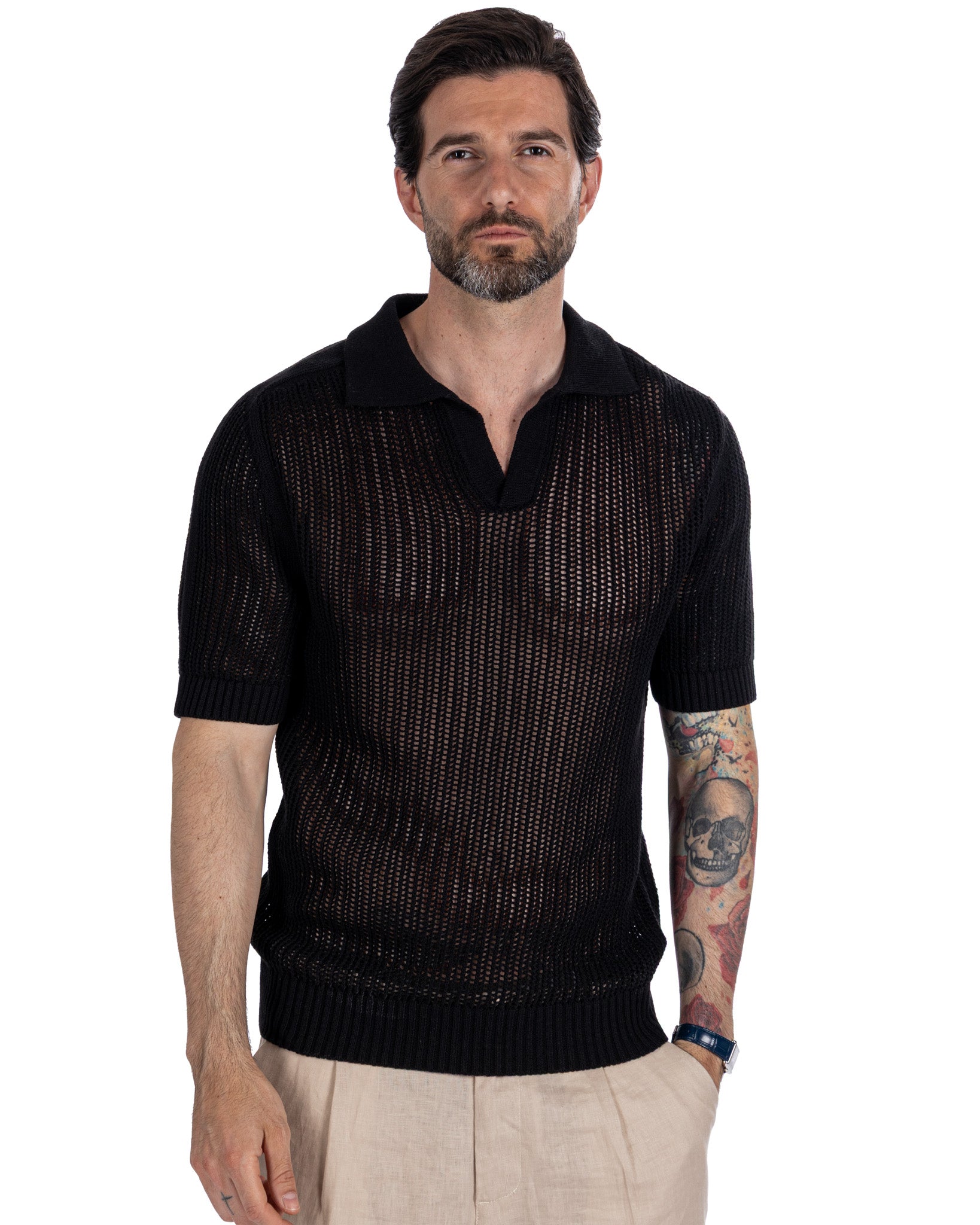 Casper - polo oversize traforata nera