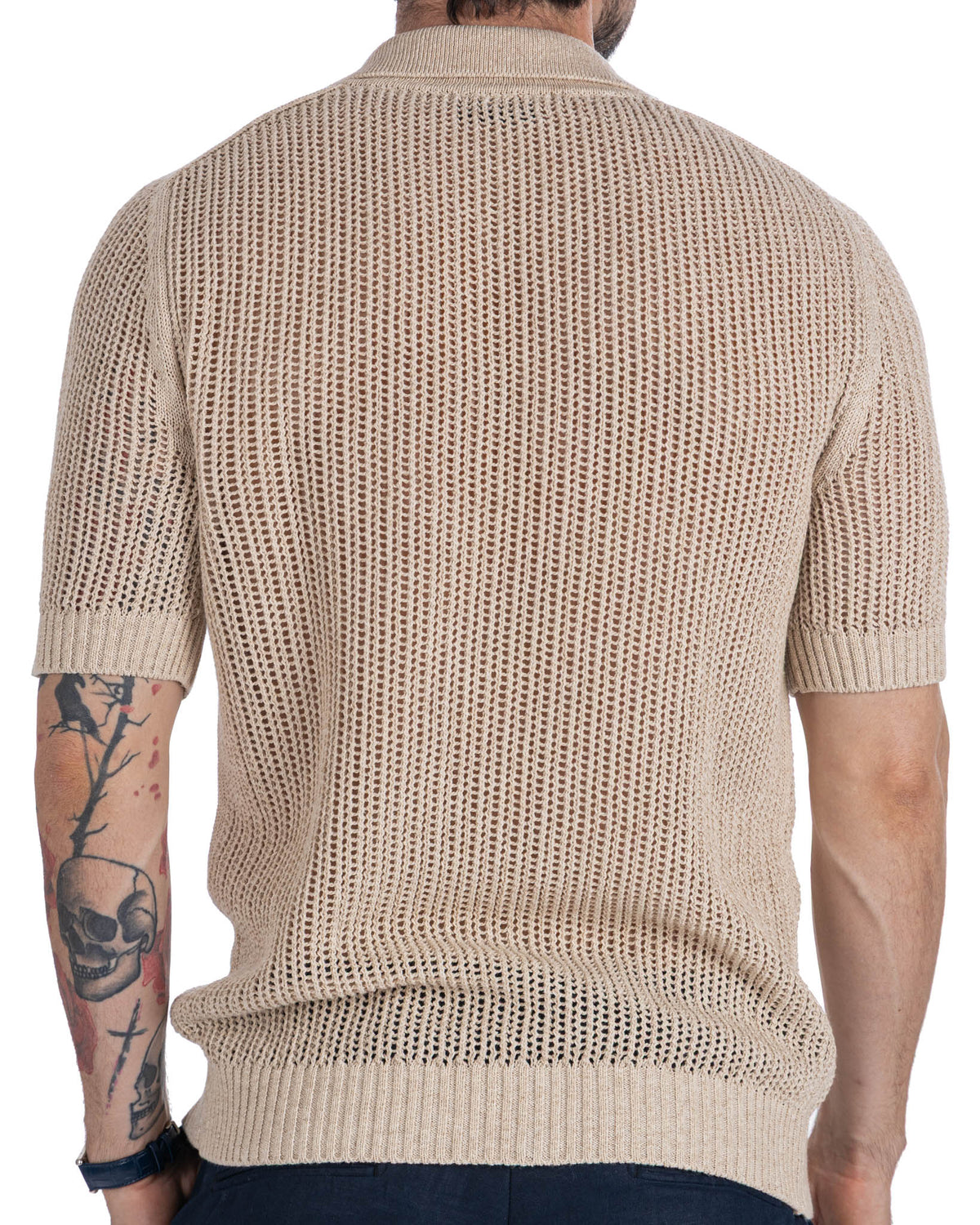 Beige short sleeve knit polo shirt for men, open weave cotton blend, ribbed collar and hem, summer casual style