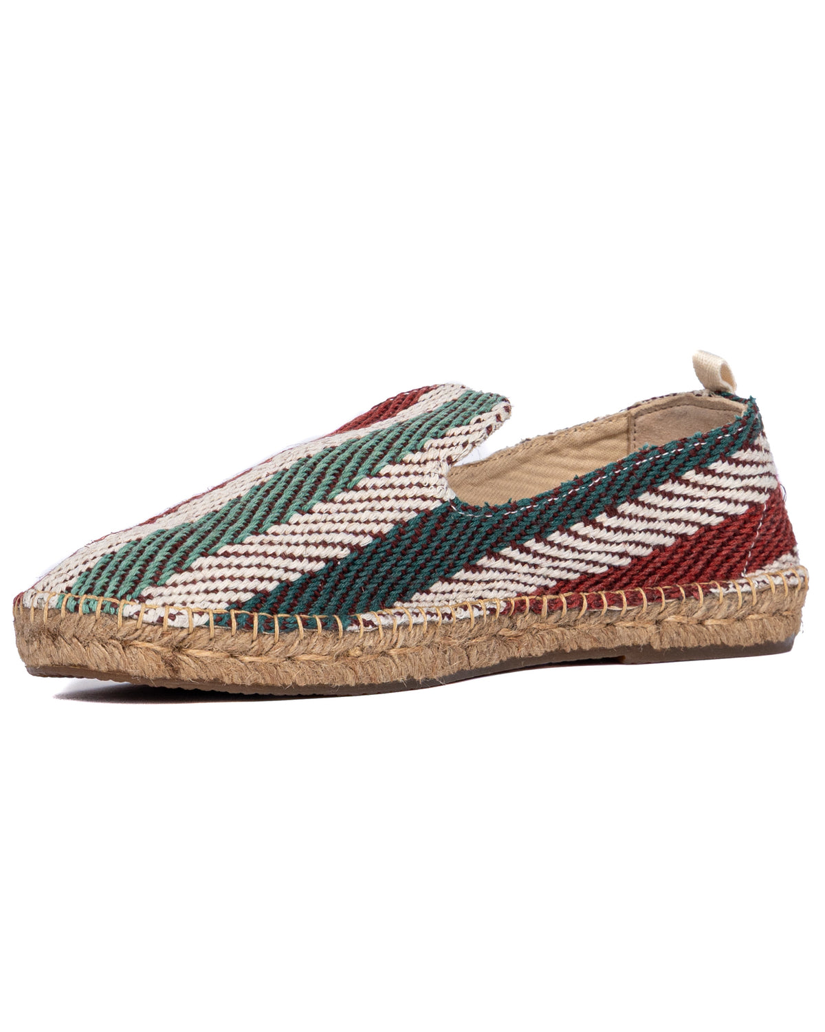 Woven espadrille slip-on with teal, burgundy, and cream striped canvas upper and natural jute rope sole.
