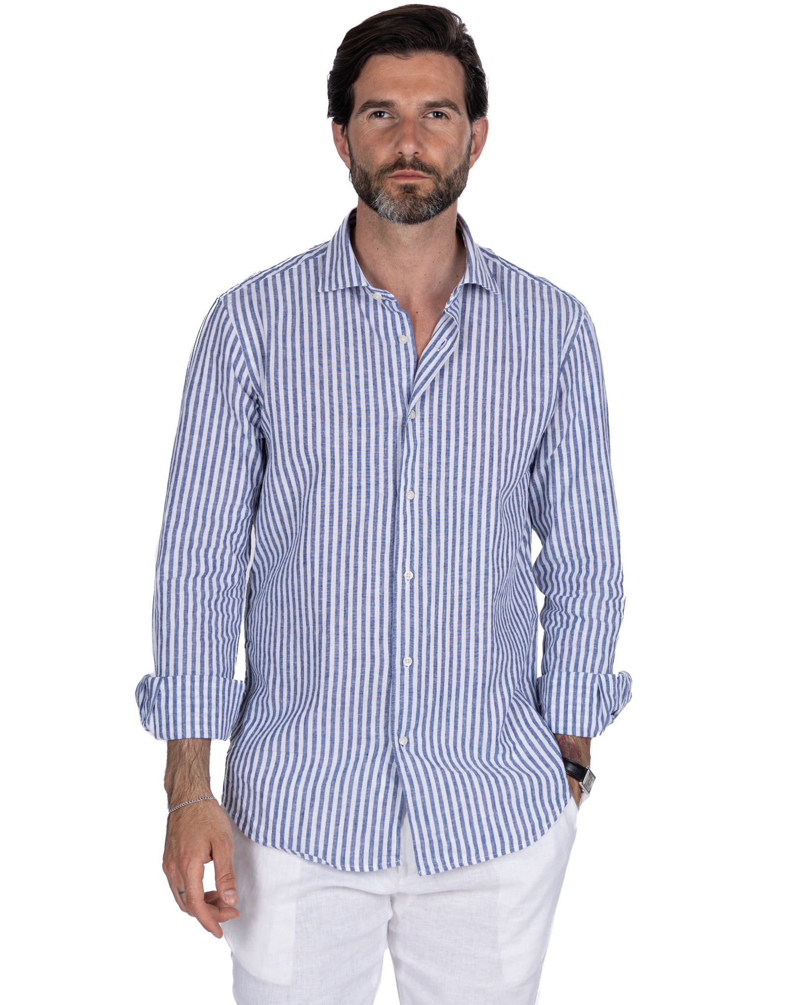 Camicia Cassis in lino e cotone a righe blu