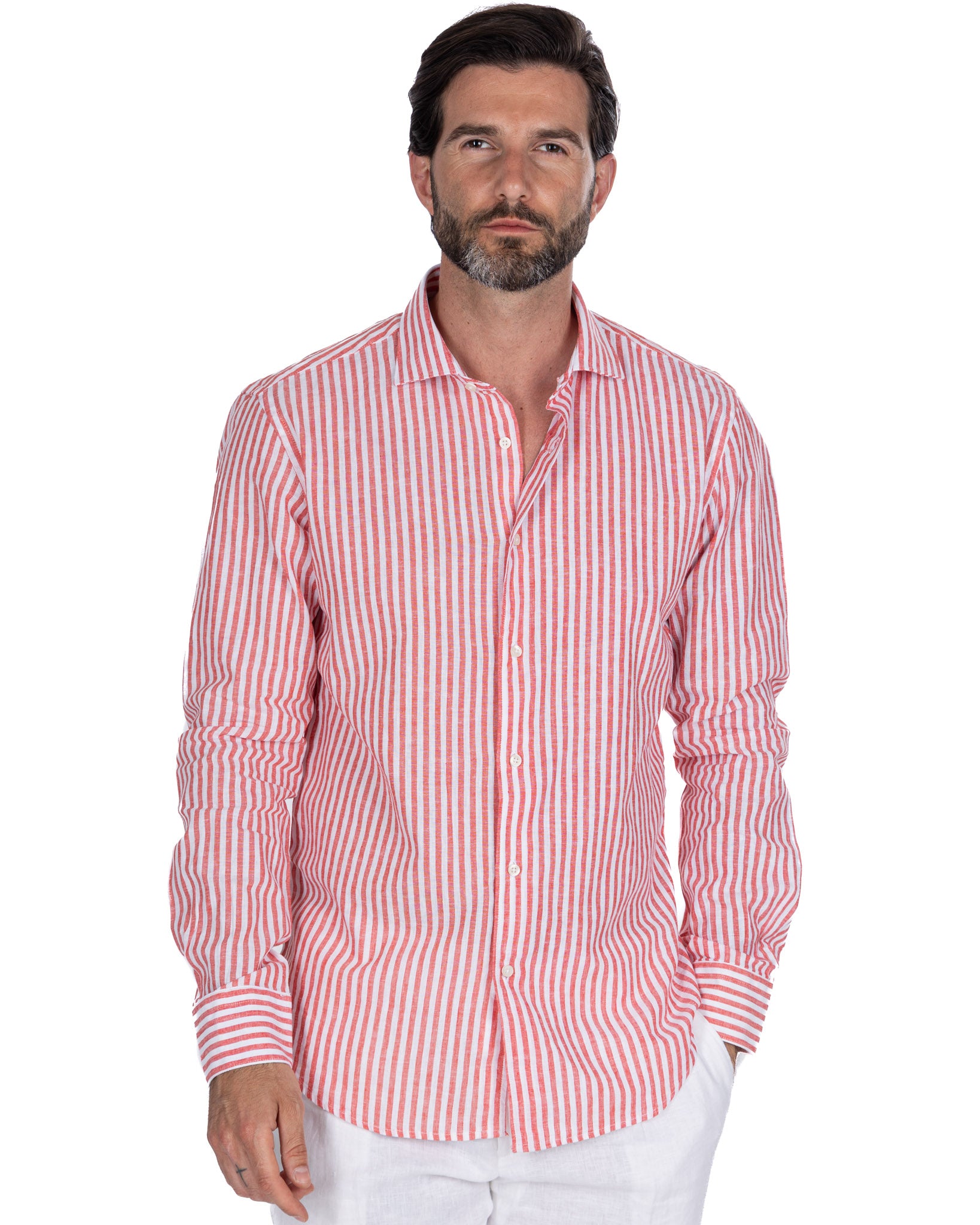 Camicia Cassis in lino e cotone a righe rosse