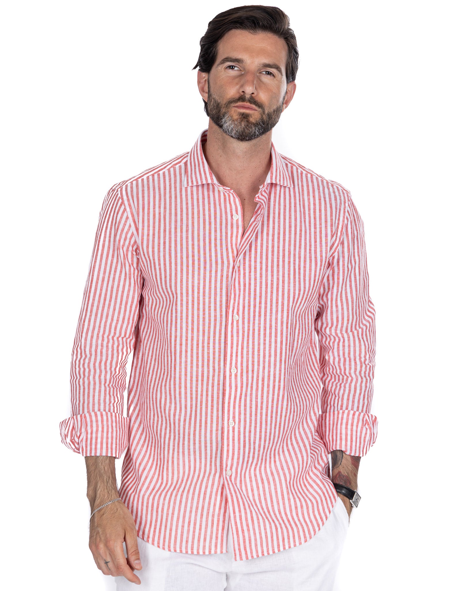 Camicia Cassis in lino e cotone a righe rosse