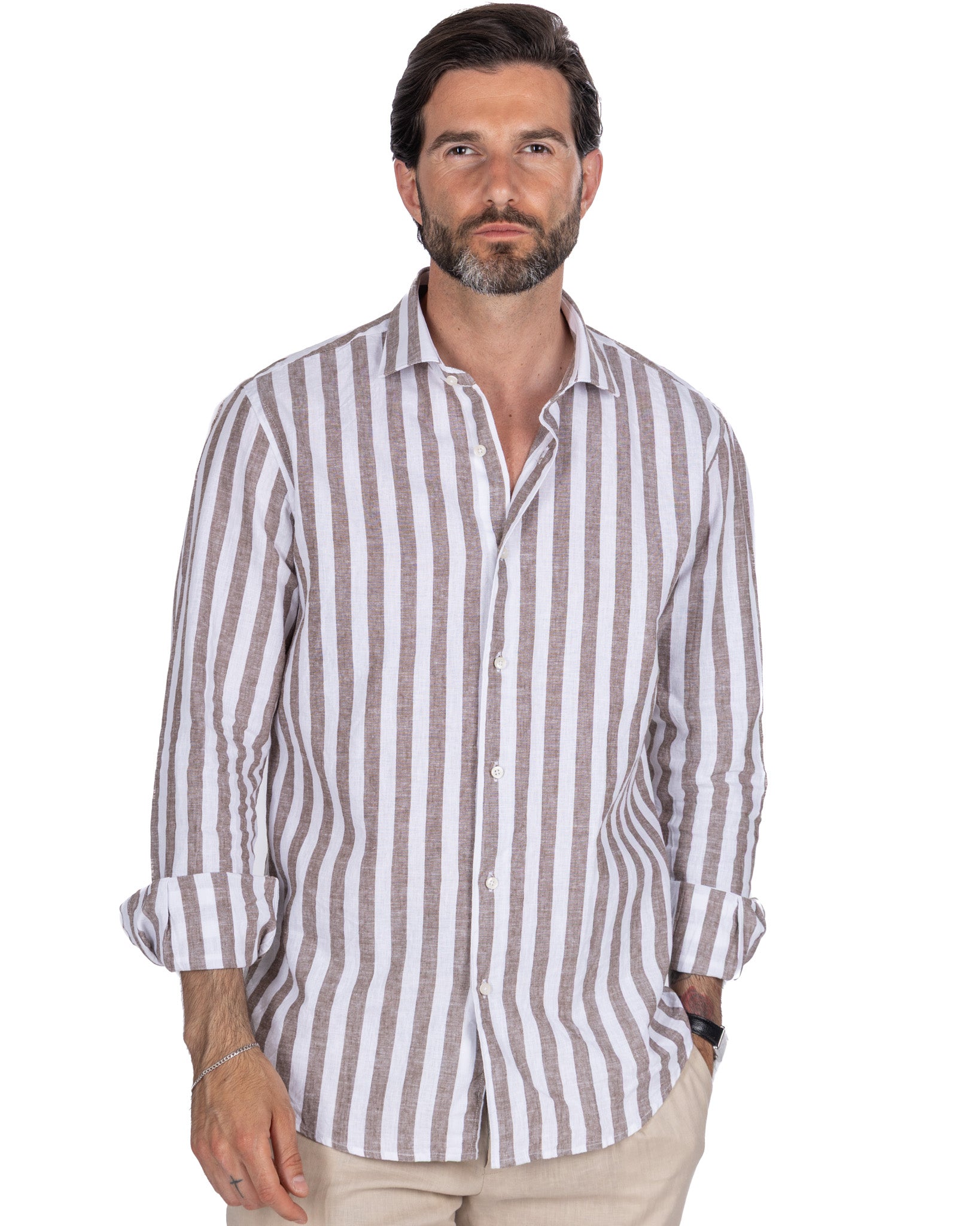 Camicia Eze in lino e cotone a righe moro