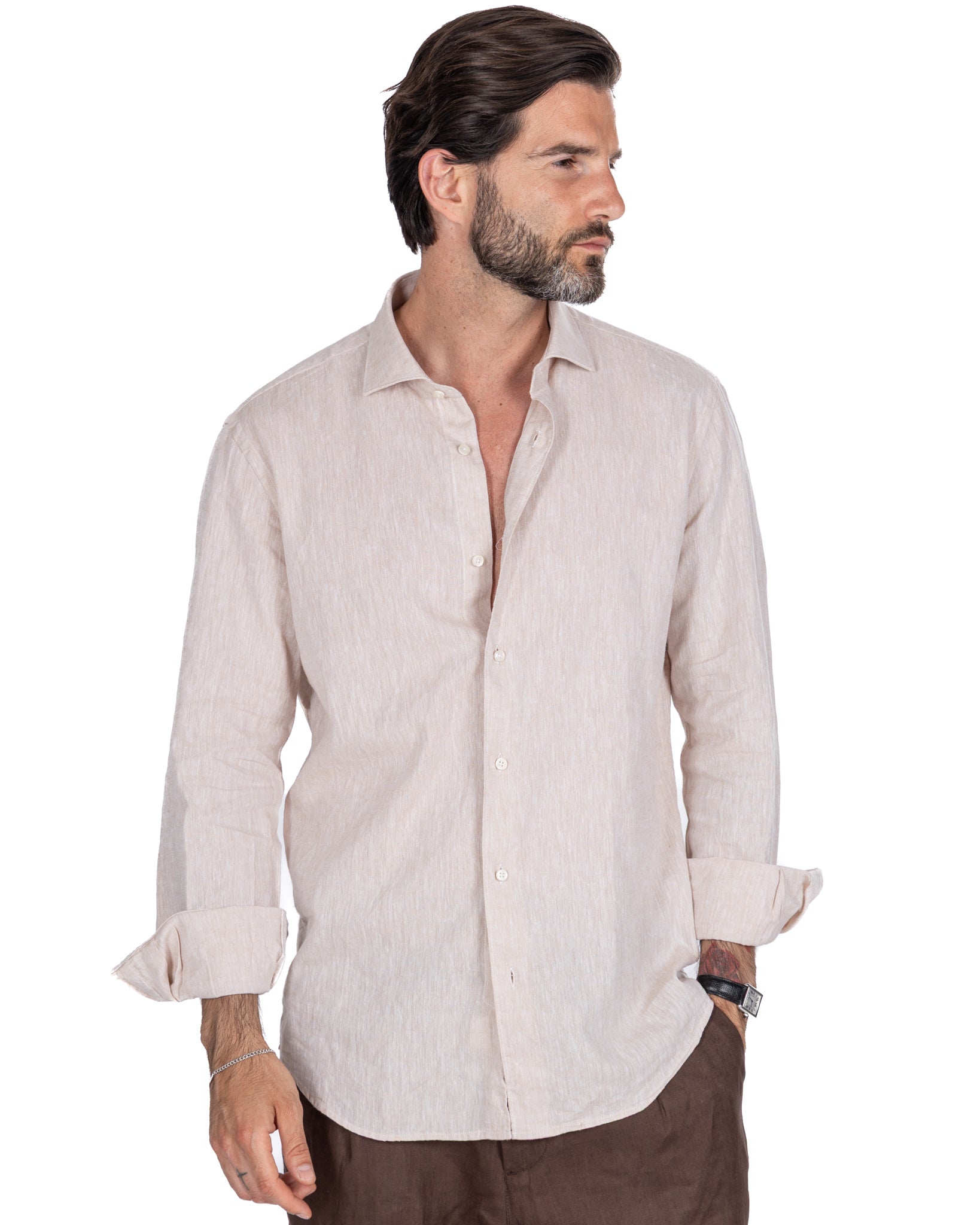 Camicia Rennes in lino e cotone beige