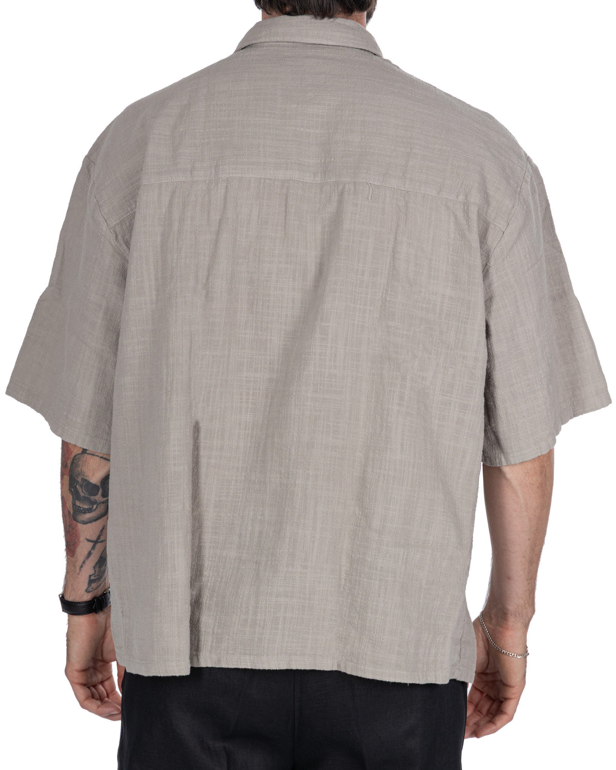 Light gray short sleeve linen blend button-up shirt, relaxed fit, back view.