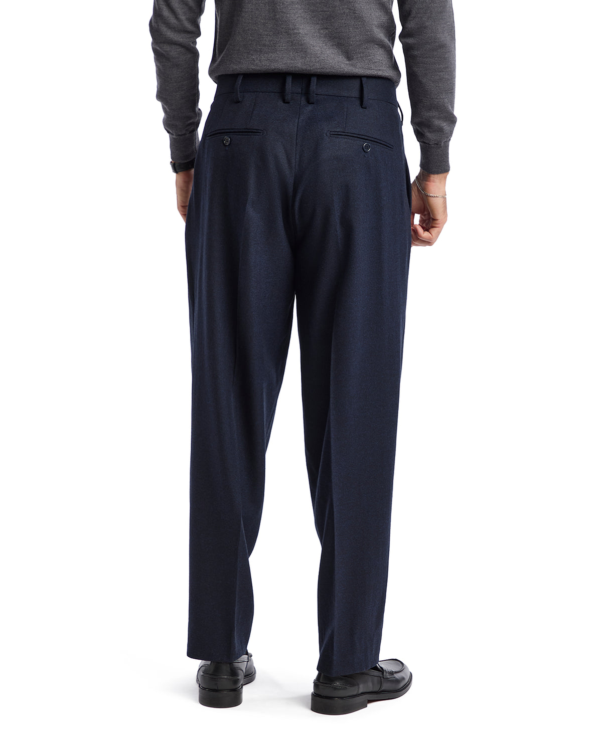 Men's navy dress pants made of high-quality fabric, featuring a relaxed fit and double back pockets.