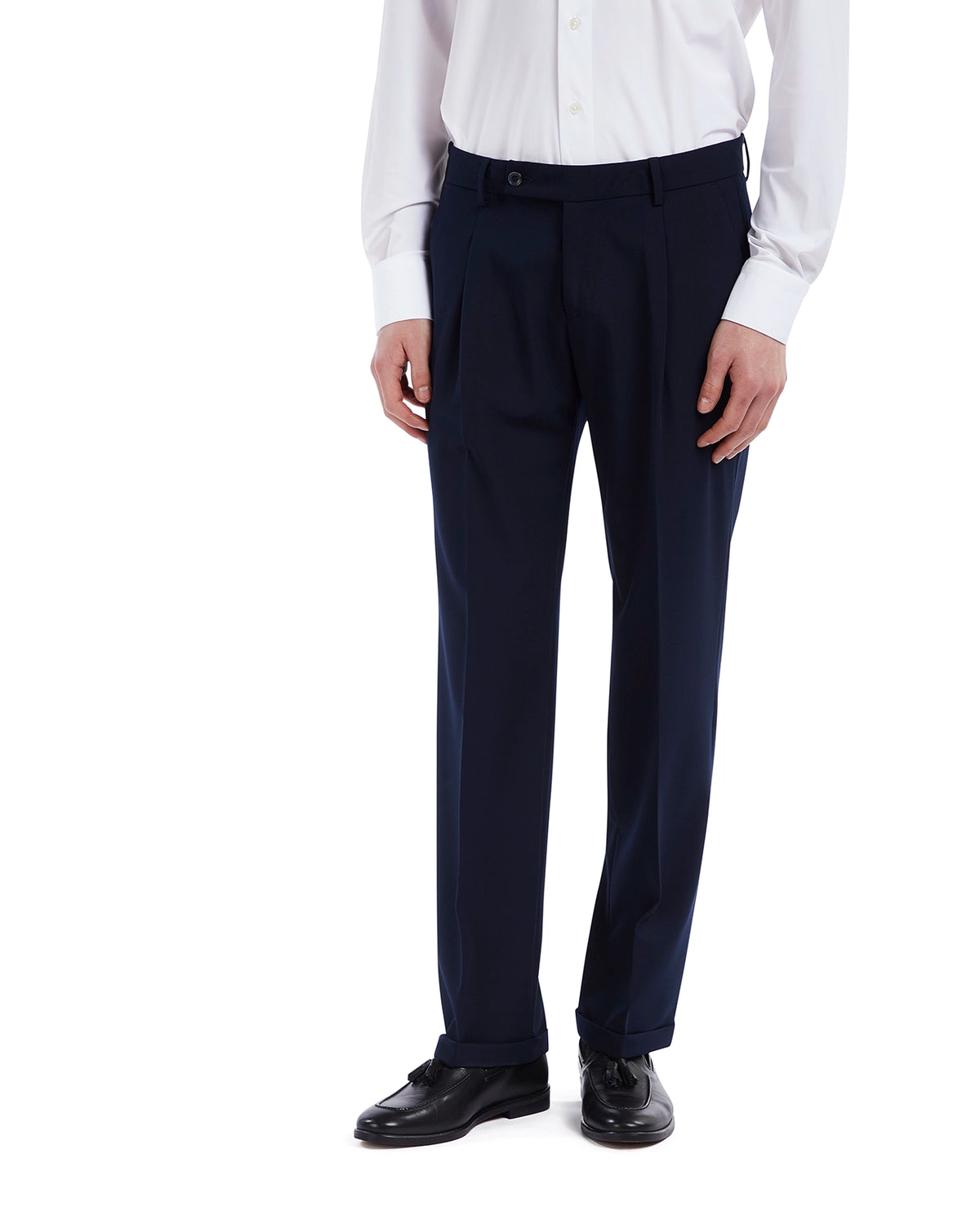 Navy blue tailored dress pants, lightweight fabric, classic fit, perfect for formal and business occasions.